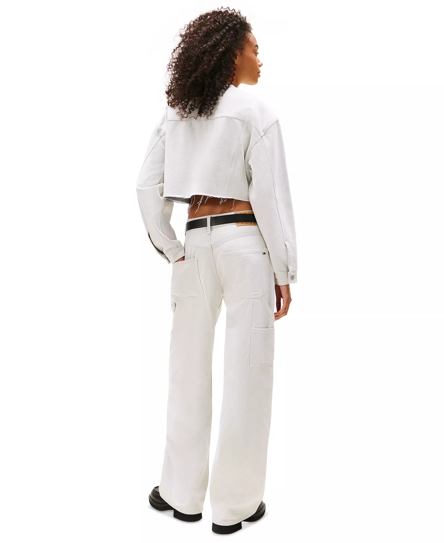 Women's Oversize Collarless Crop Jacket - Denim White 01 - L