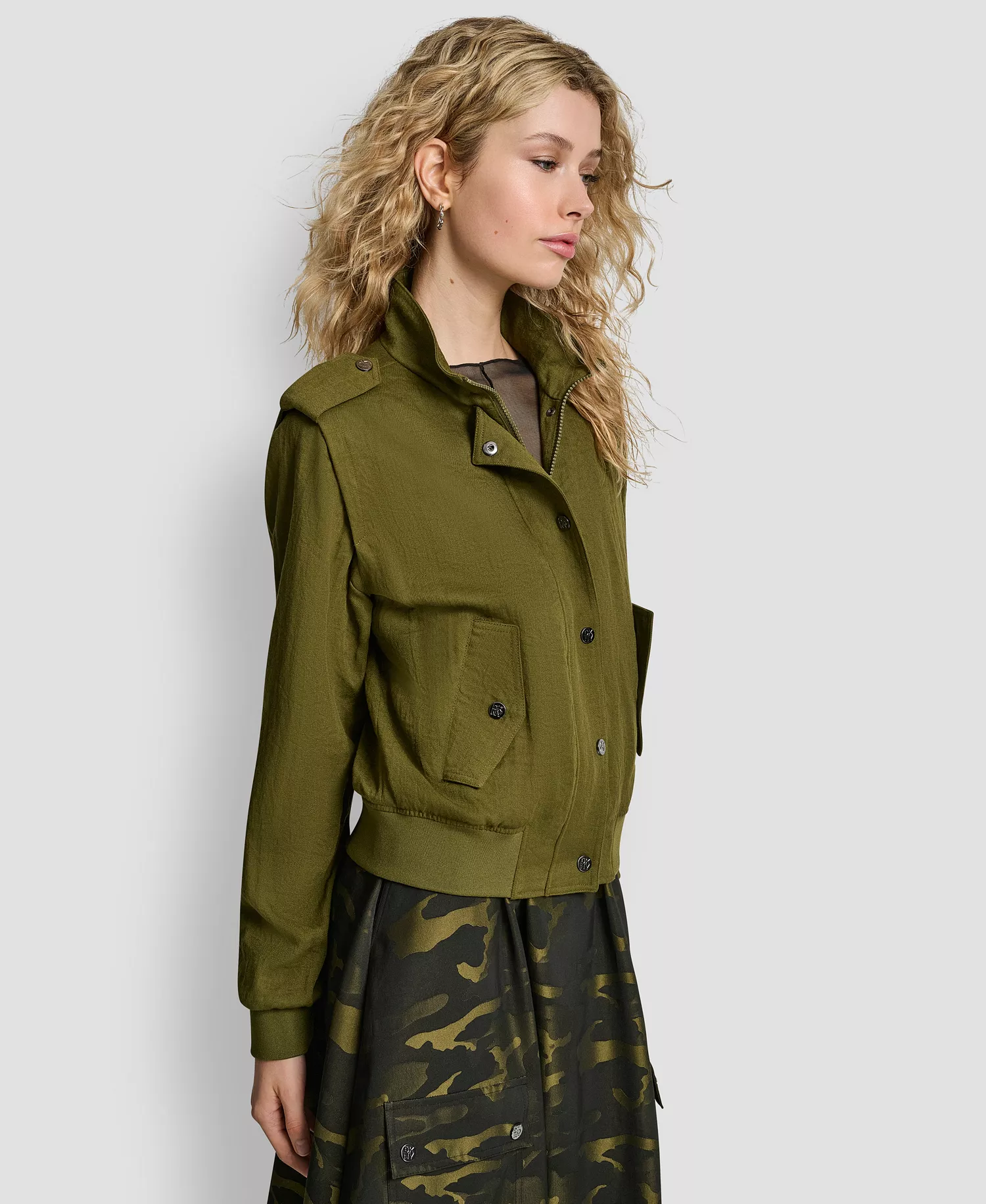 Women's Collared Button-Front Heavy Twill Bomber Jacket - Dark Olive - XS