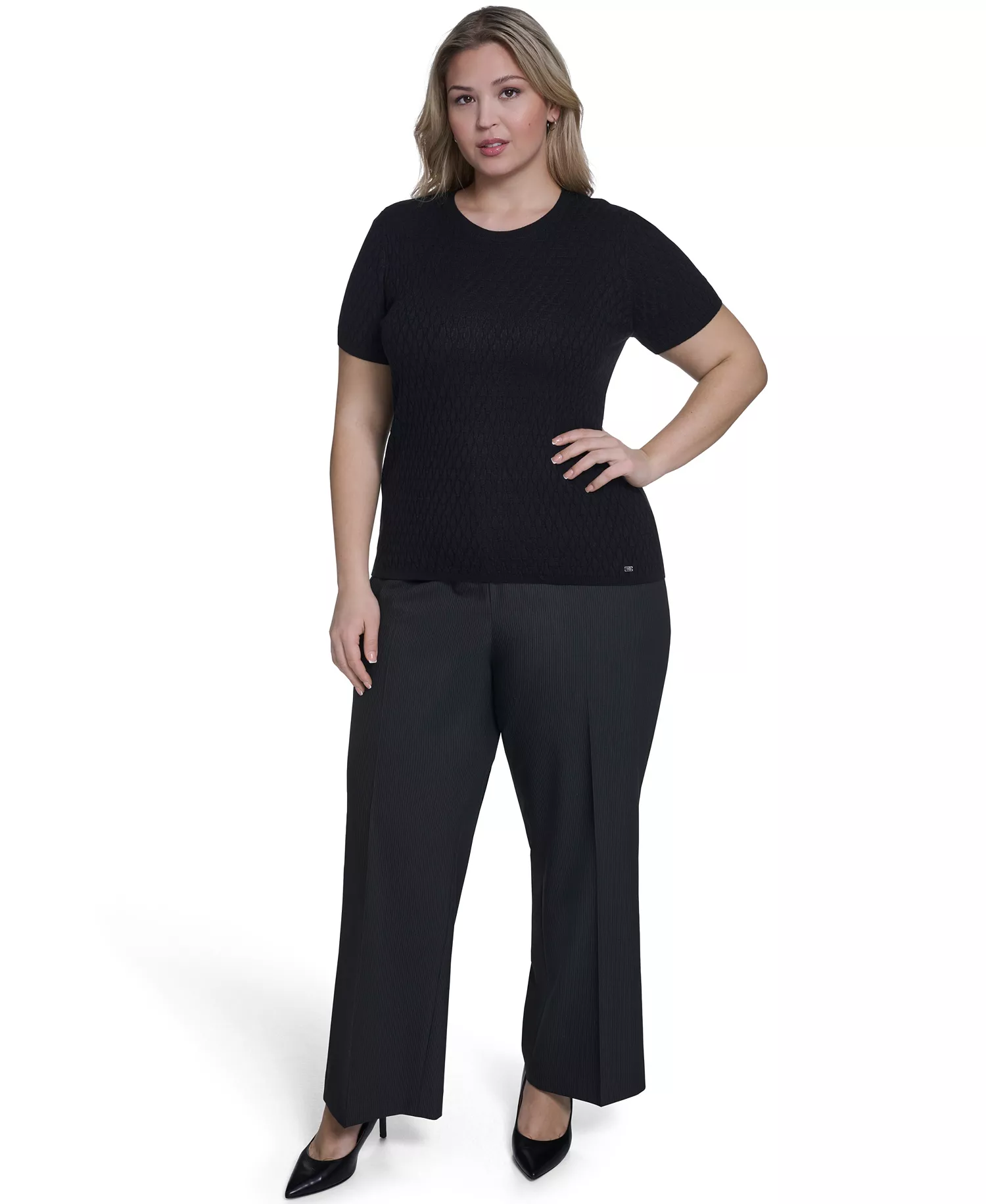 Plus Size Short-Sleeve Crew Neck Sweater - Black - 1X