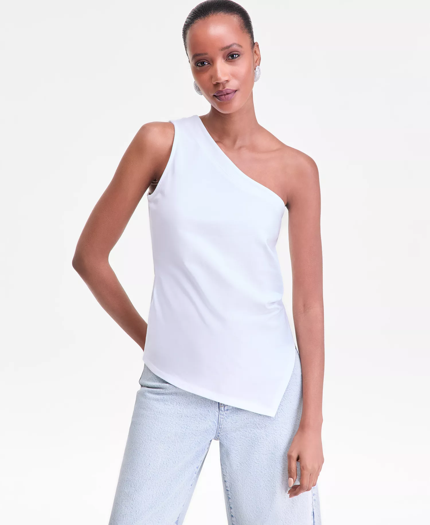 Women's Sleeveless One-Shoulder Asymmetrical Hem Top, Macy's Exclusive - Bright White - M