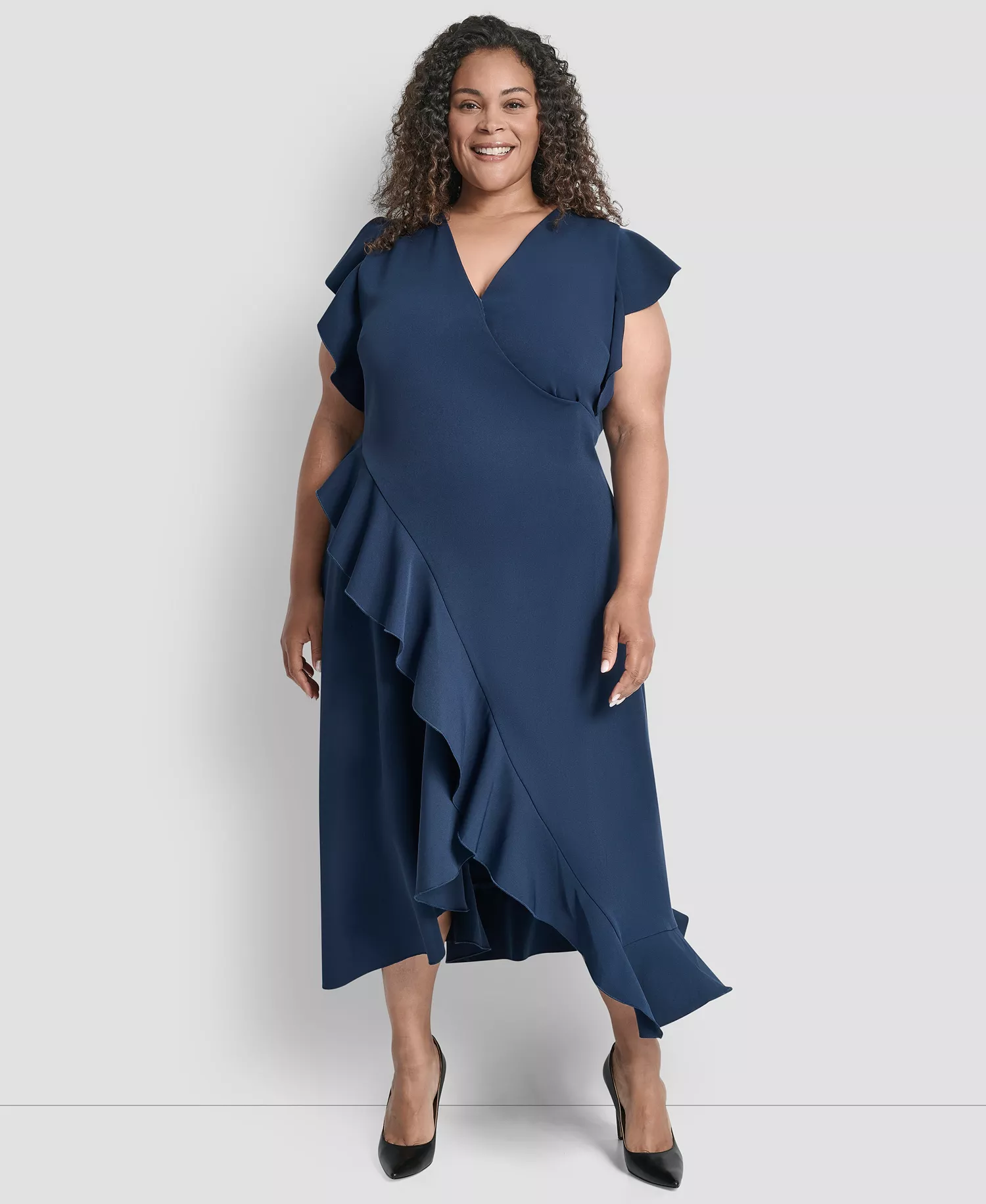Plus Size V-Neck Ruffle Sleeve Midi Dress - Indigo - 14W