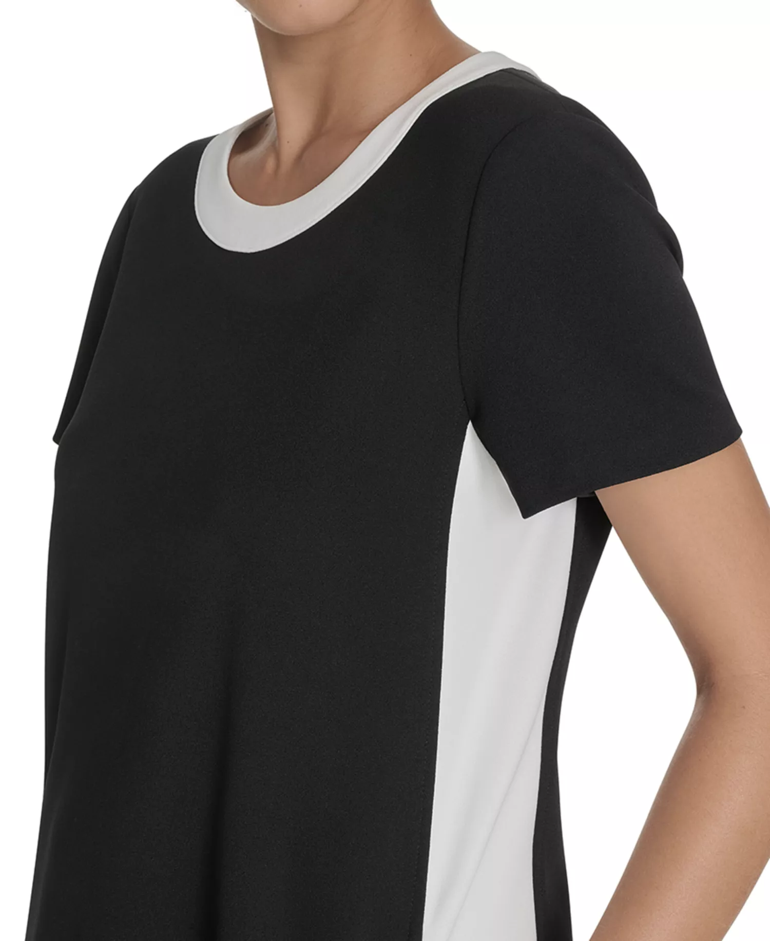 Women's Short-Sleeve Scuba Crepe Shift Dress - Black/Ivory - 10