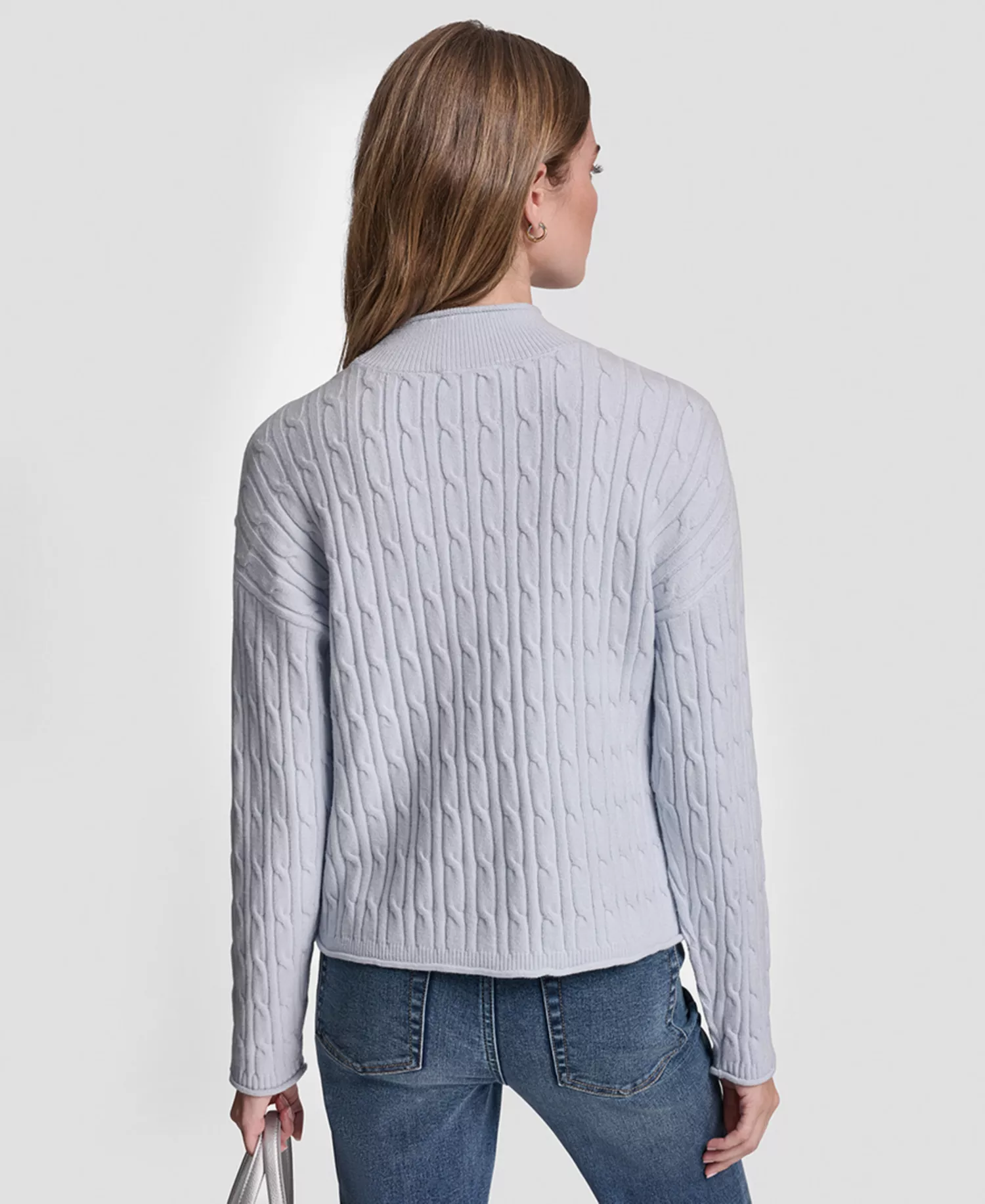 Women's Mock Neck Drop Shoulder Cable Sweater - Frost Blue/Silver - L