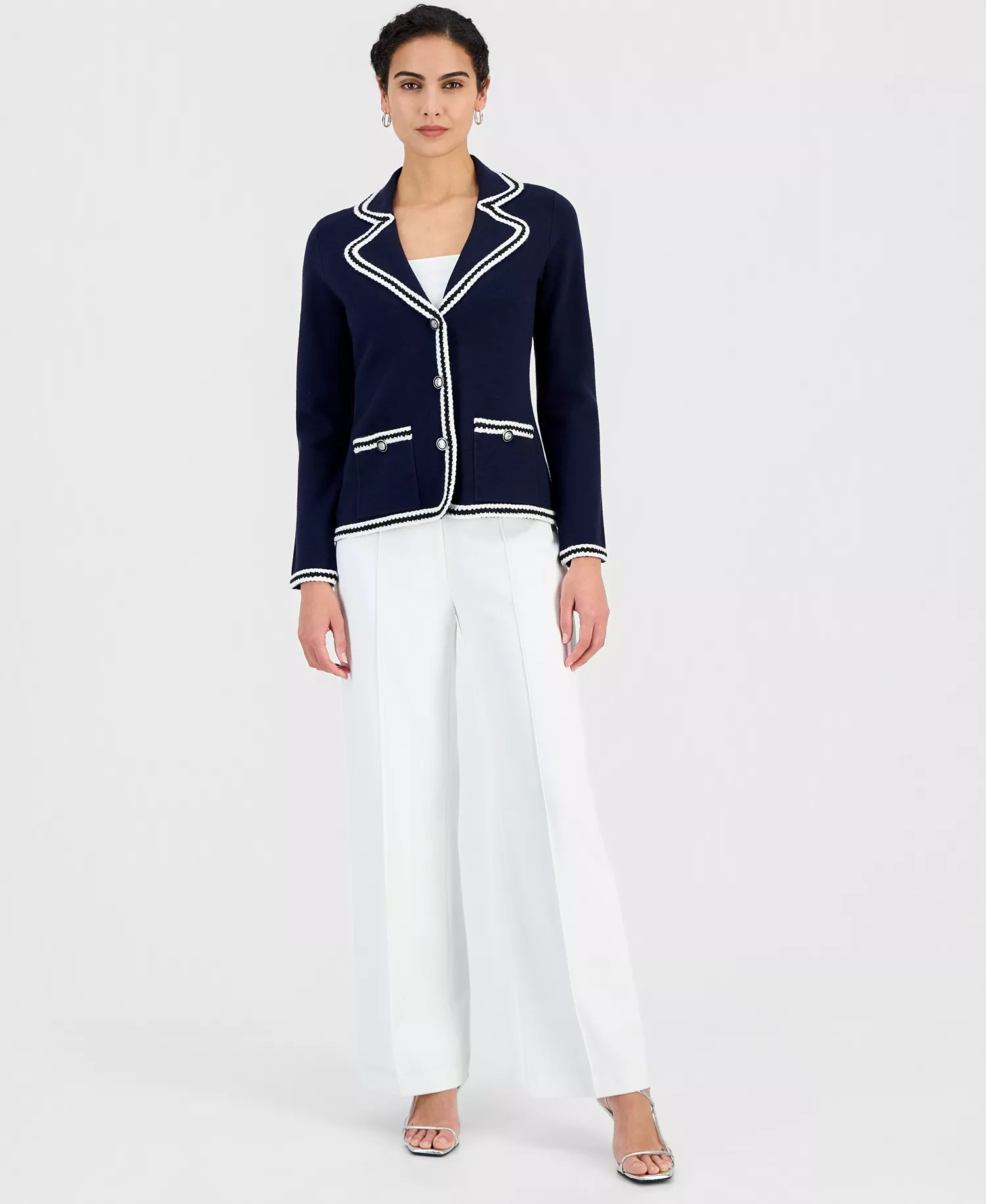 Women's Three-Button Colorblocked-Trim Jacket - Navy/white - L