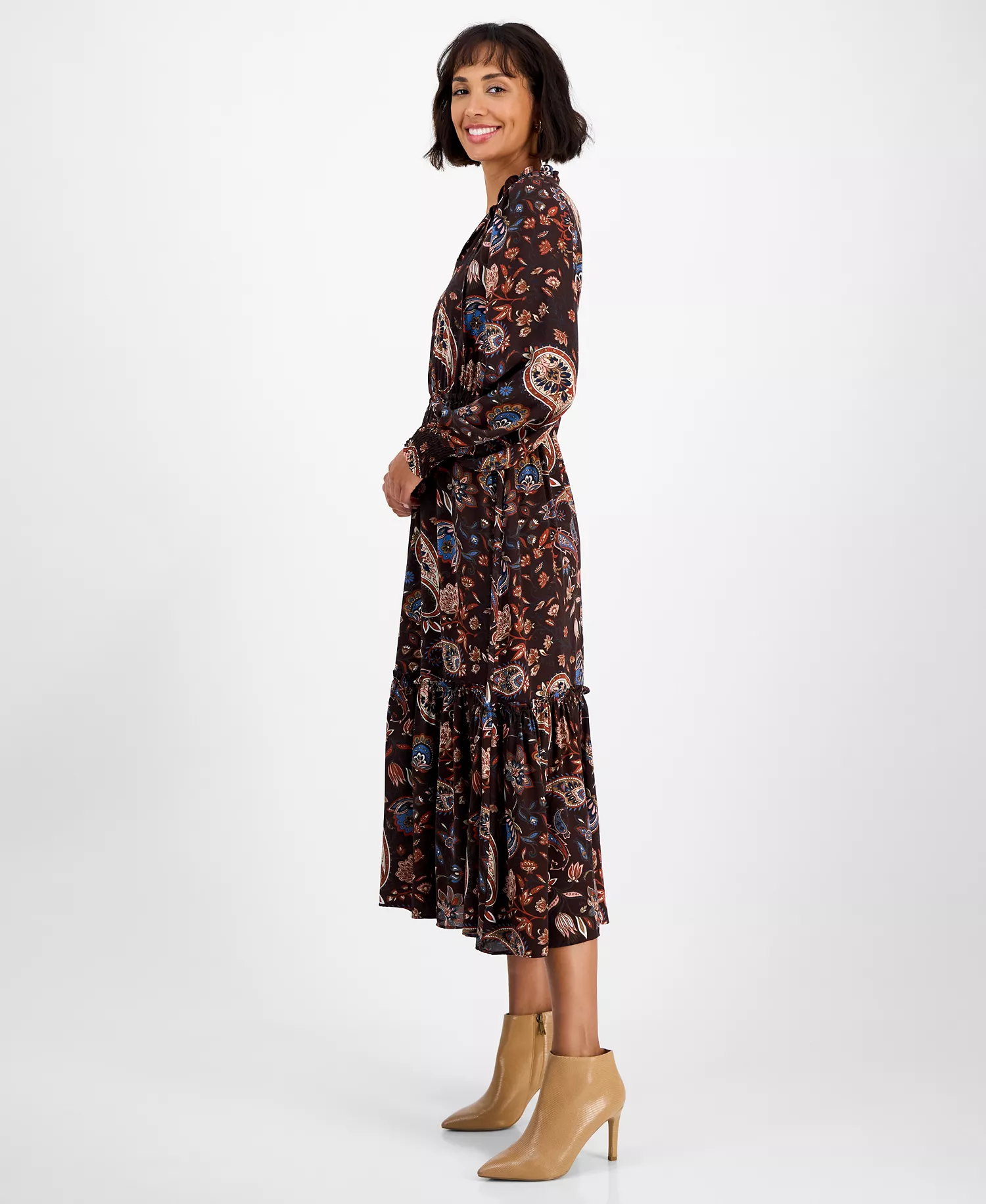 Women's Printed Split-Neck Long-Sleeve Midi Dress - Espresso Paisley Print - S