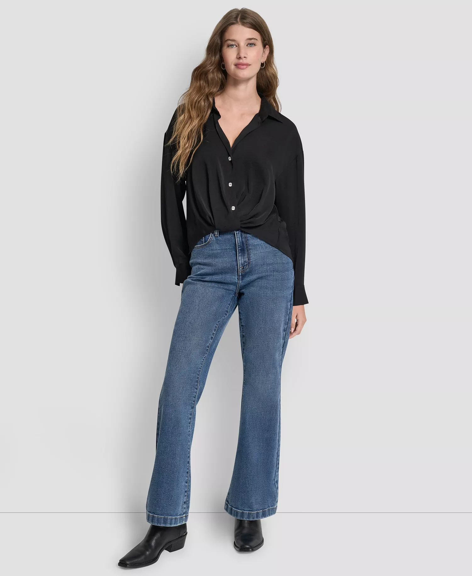 Women's Long-Sleeve Rhinestone Button-Front Shirt With Twist Hem - Black - L