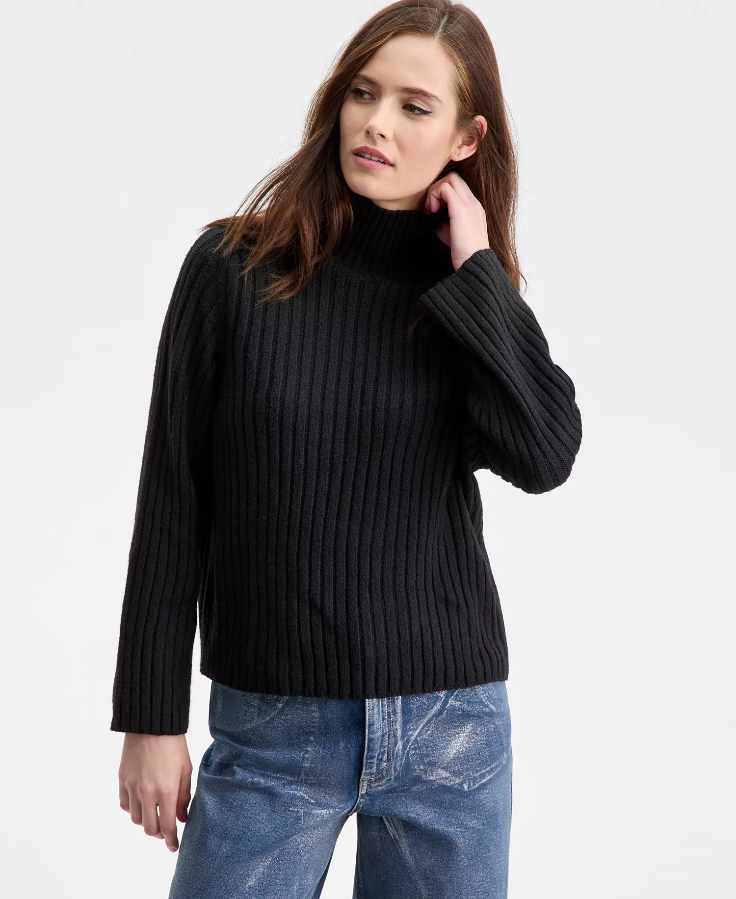 Women's Mock-Neck Ribbed Sweater, Macy's Exclusive - Black - L