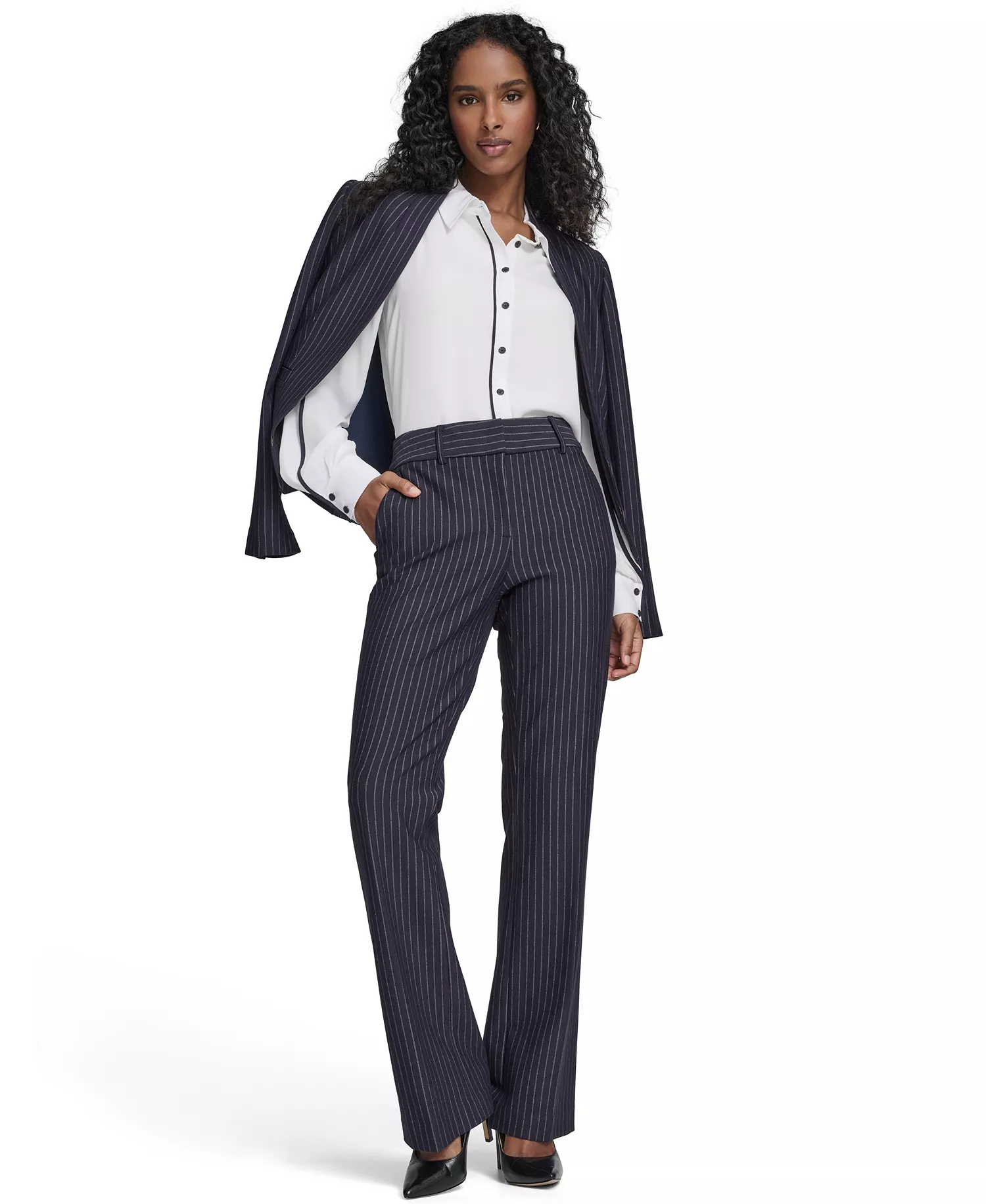 Women's Open Front Jacket, Sutton Pants and Contrast Trim Button Up Blouse - Midnight/ Khaki - 0