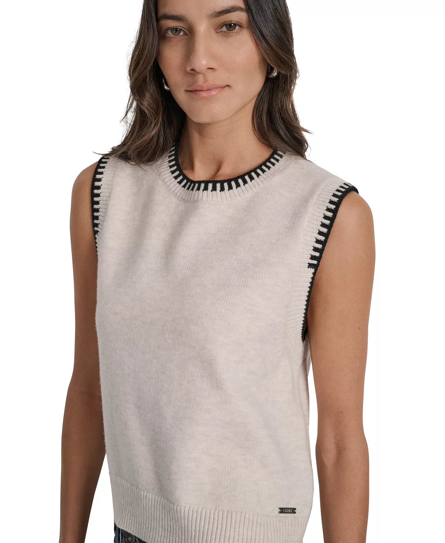 Women's Whipstitch Trim Crewneck Sleeveless Sweater - Cort Heather/Black - XS