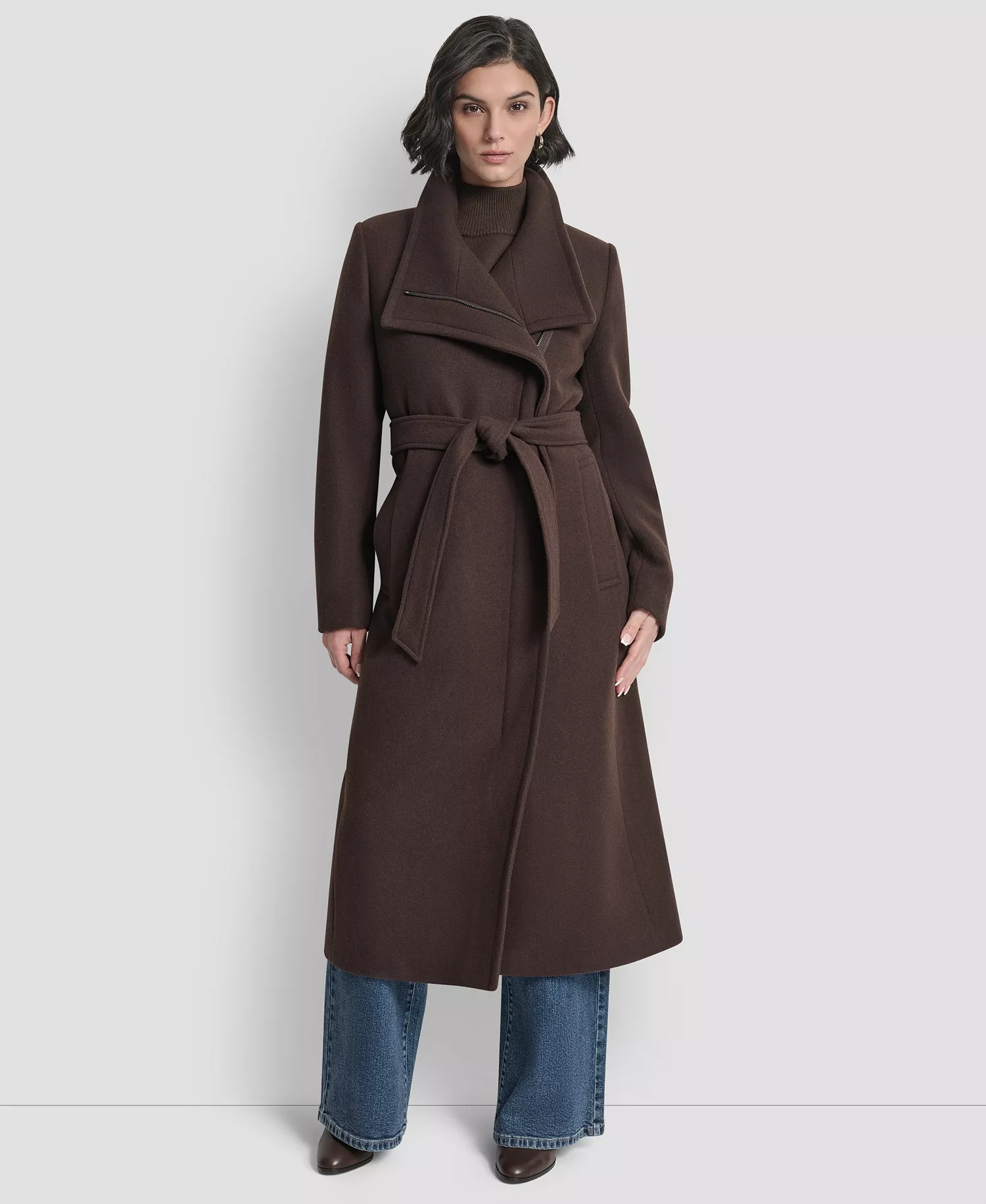 Women's Wing Collar Asymmetrical Wrap Coat - Bitter - L