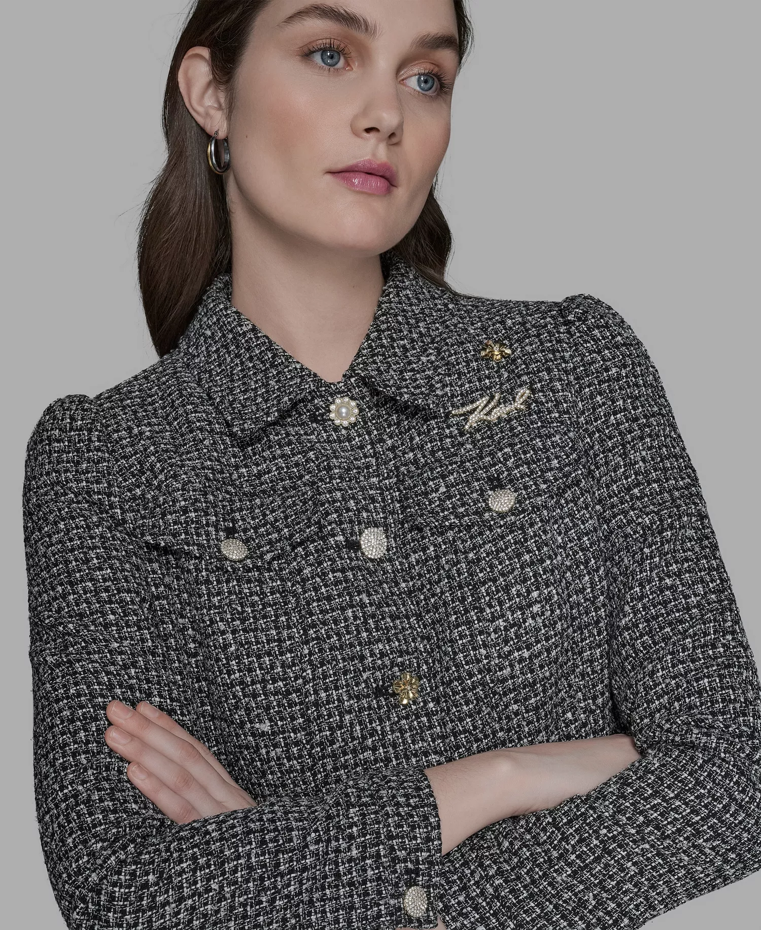 Women's Collared Button Front Tweed Jacket - Black/soft White - 14