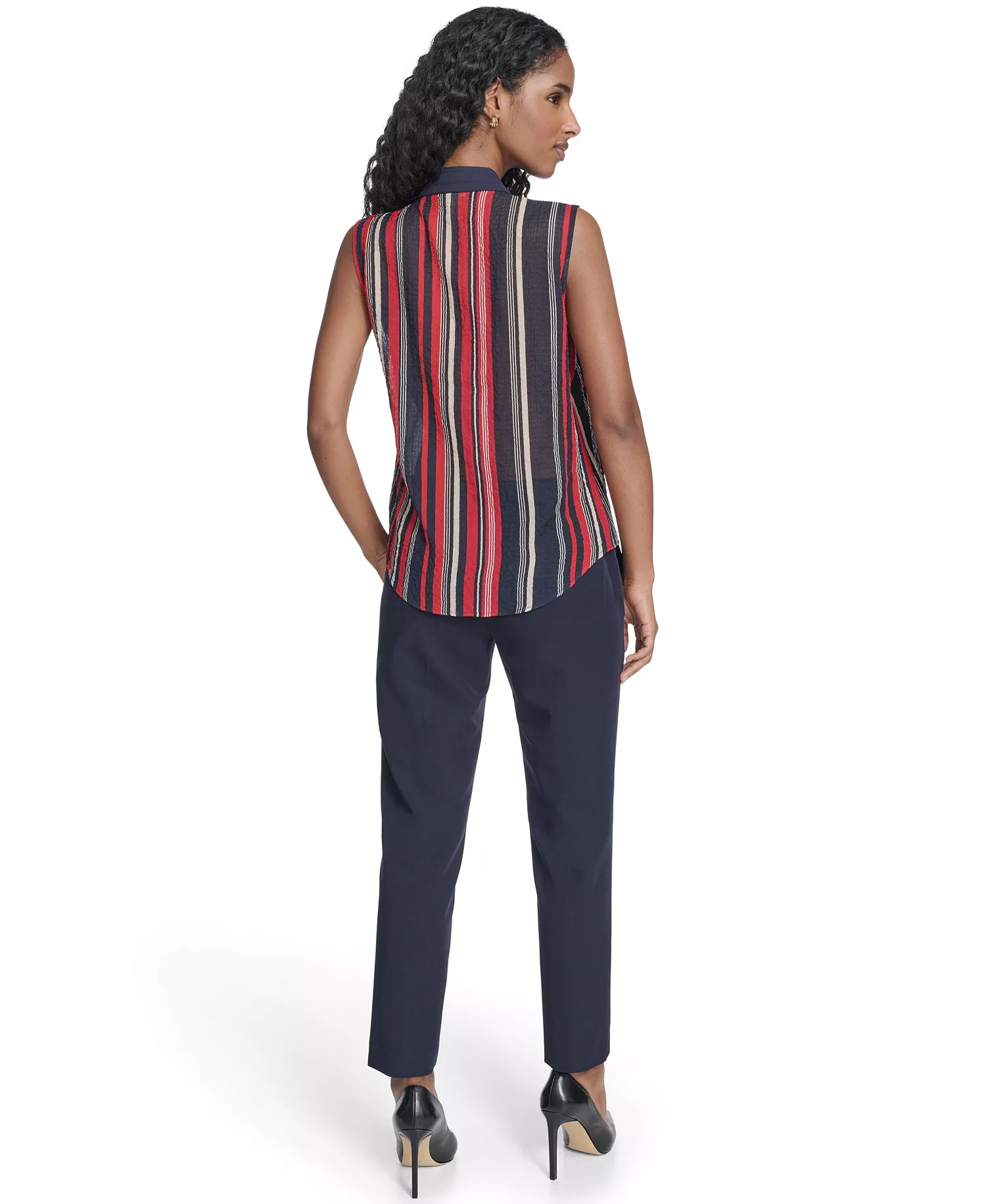 Women's Sleeveless Striped Tie V-Neck Blouse - Midnight/ Scarlet - L