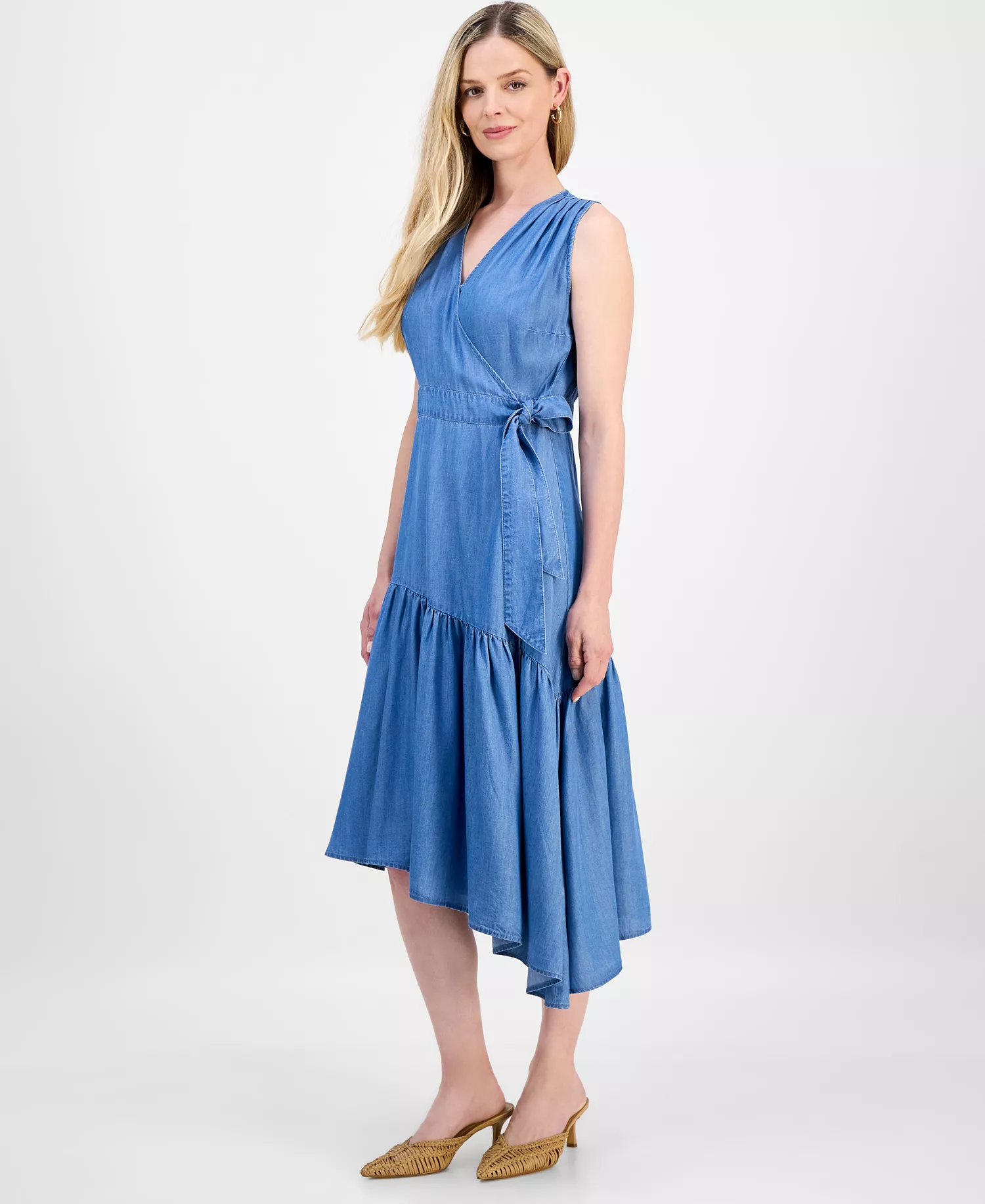 Women's Surplice Asymmetrical Tiered Sleeveless Wrap Dress, Macy's Exclusive - Medium Indigo - L