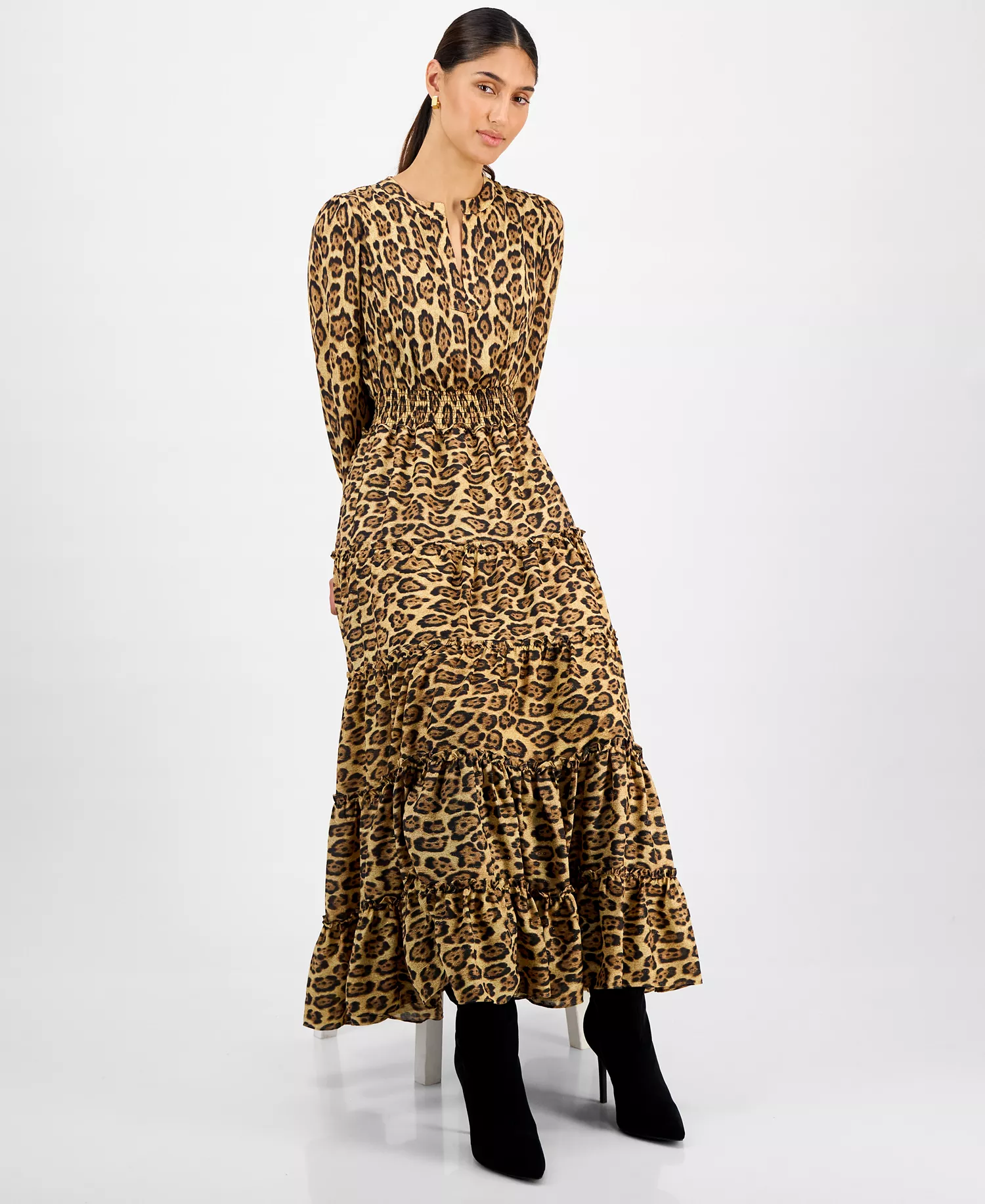 Women's Animal-Print Split-Neck Maxi Dress - Leopard Print - L