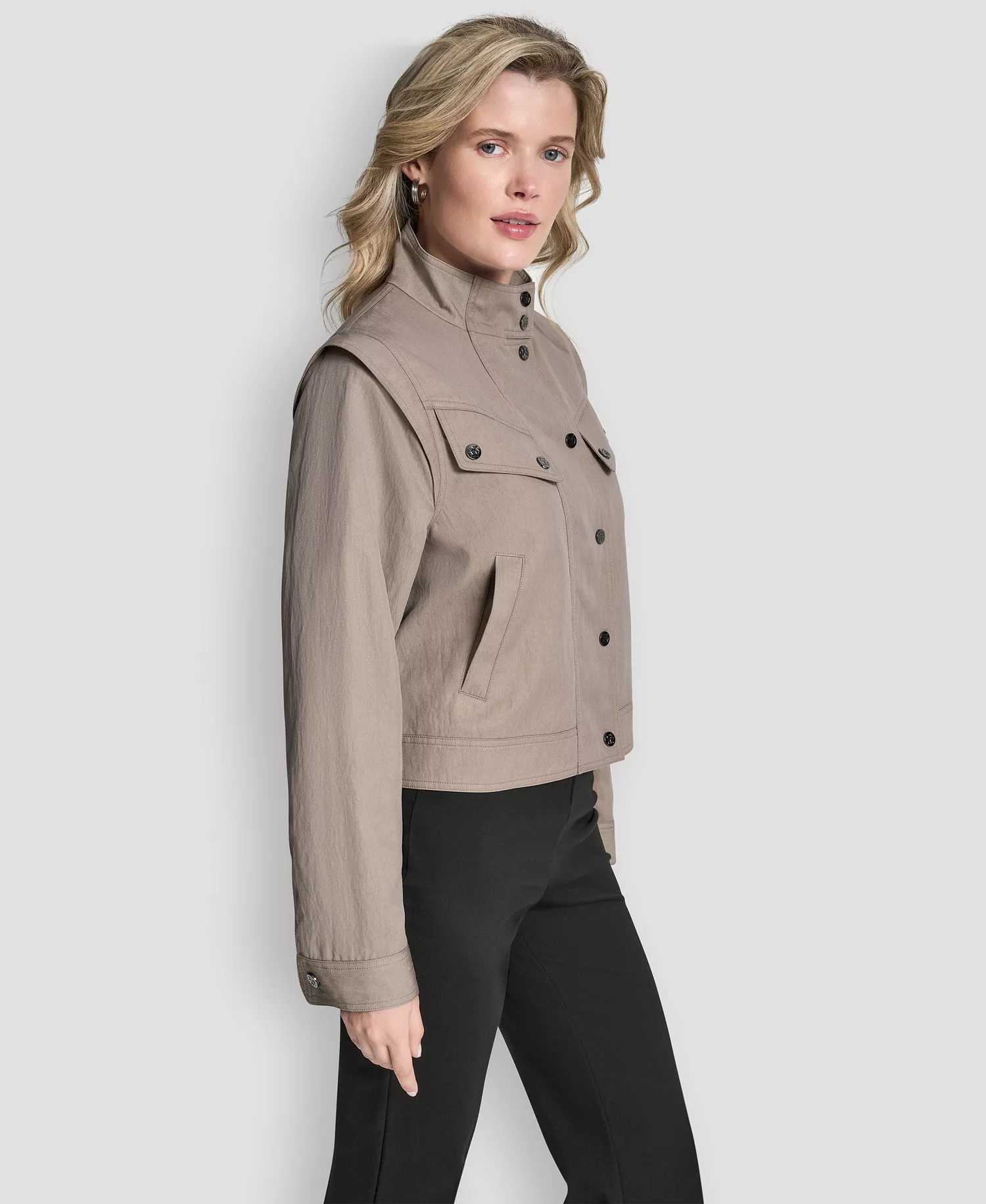 Women's Collared Cropped Moto Trench Coat - Tan - M/L