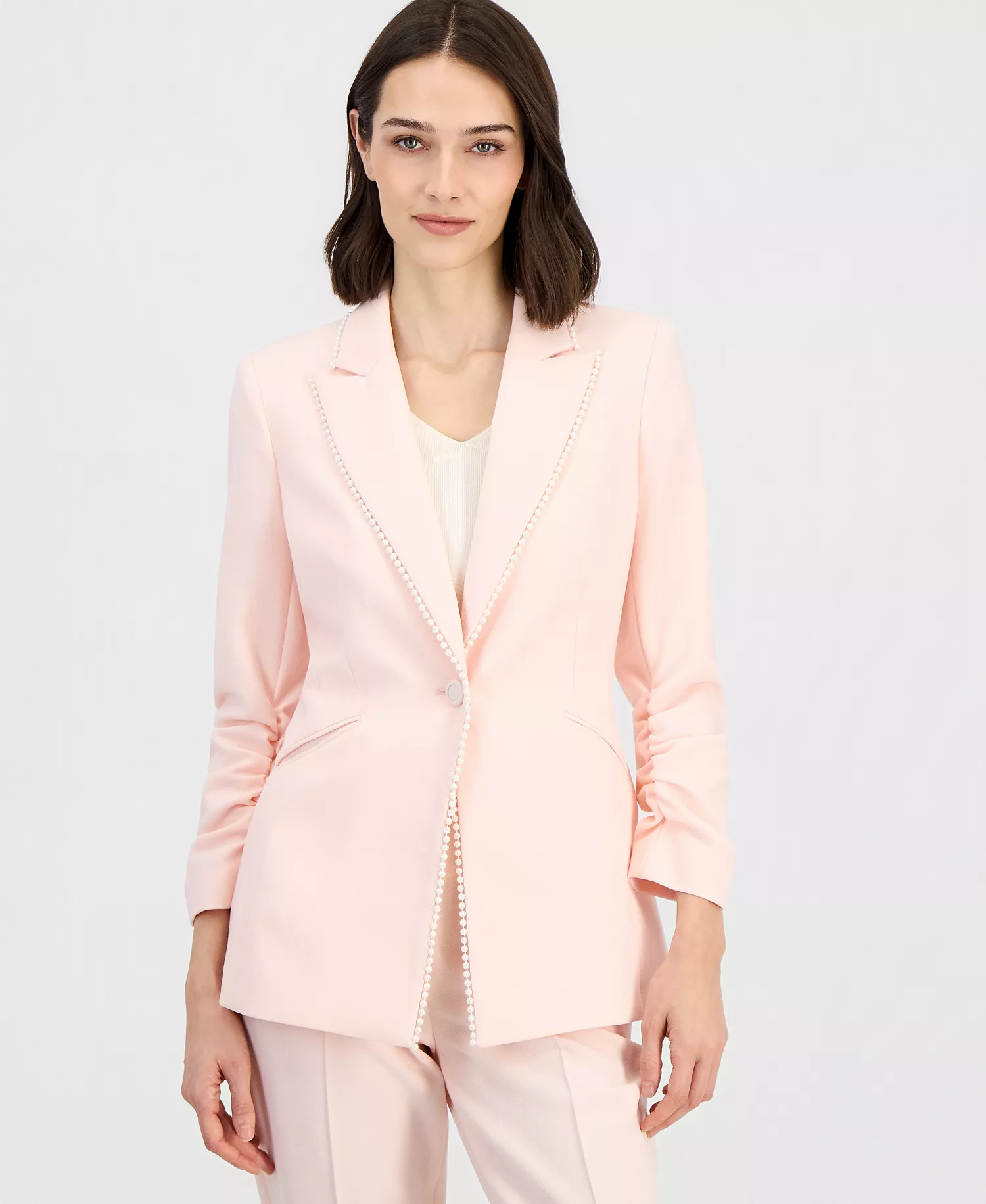 Women's Faux-Pearl-Trim Ruched-Sleeve Blazer - Tea Rose - 10