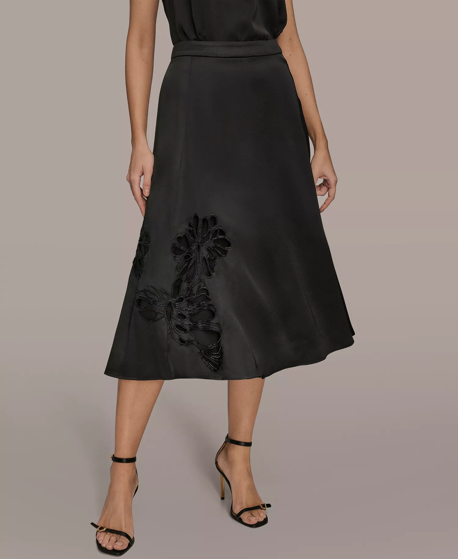 Women's Floral Cutout Satin Midi Skirt - Black - 10
