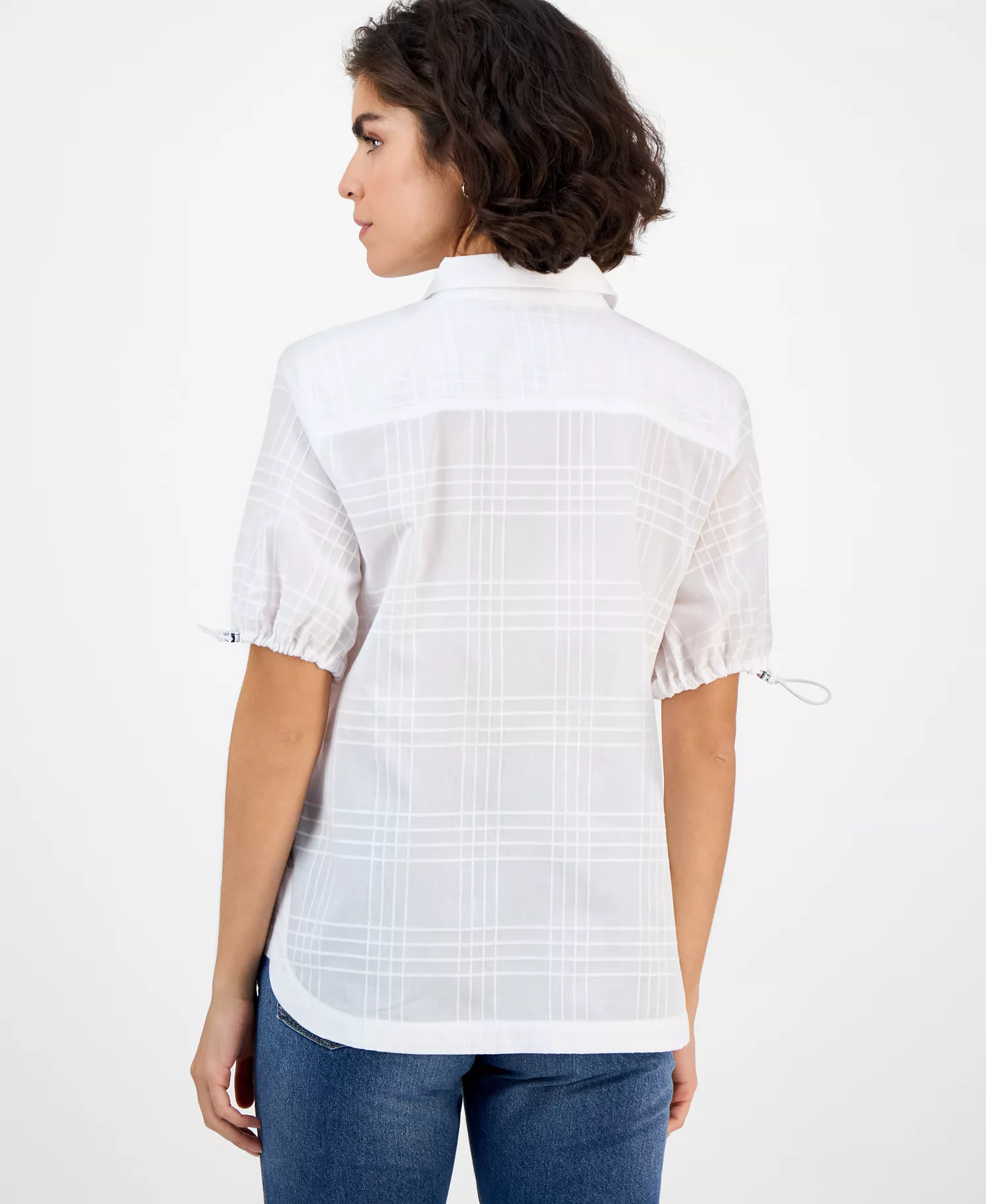 Nautica Women's Windowpane Bungee-Sleeve Camp Shirt - Bright White - L