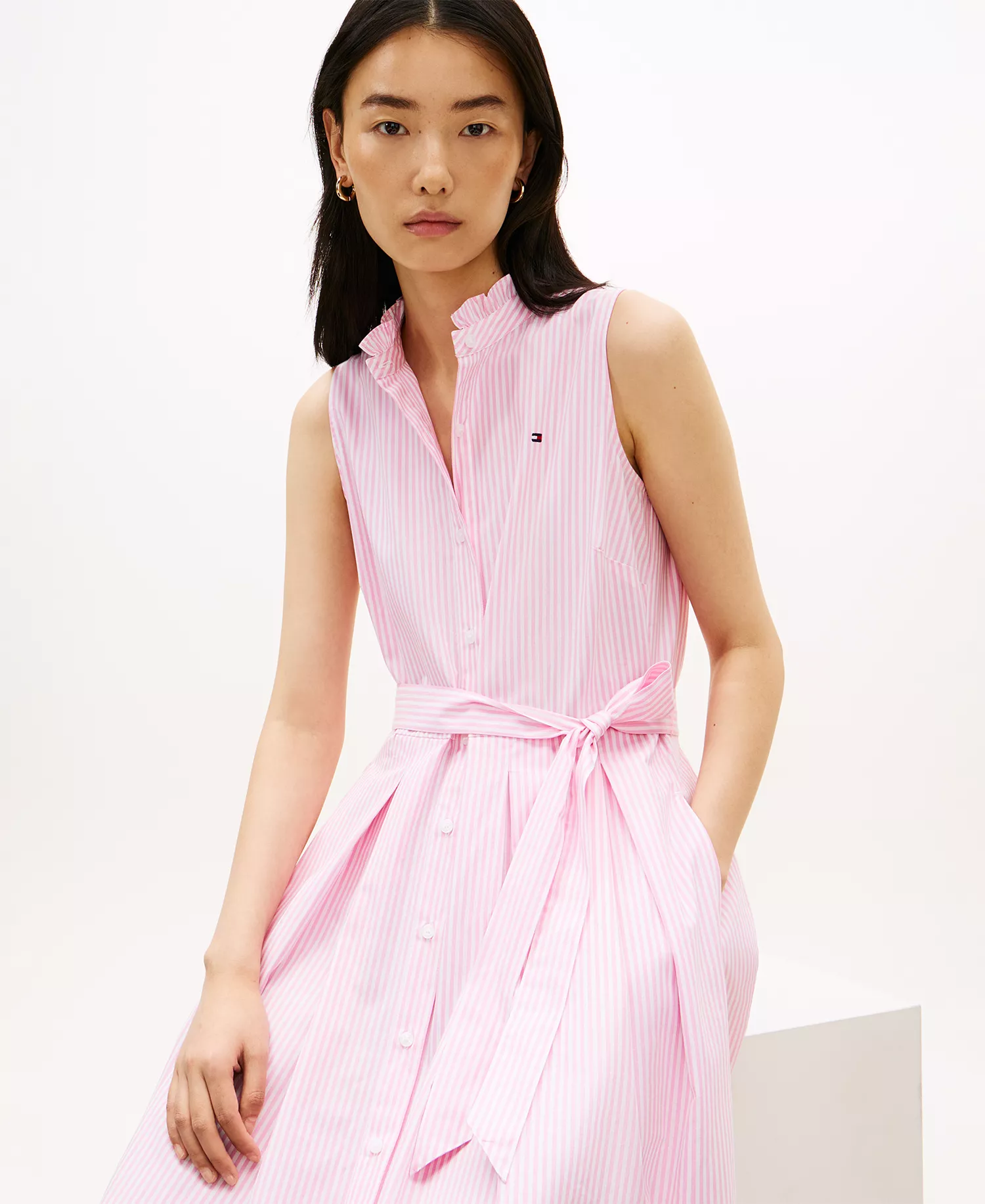 Women's Poplin Frill Collared Shirt Dress - Pink - L