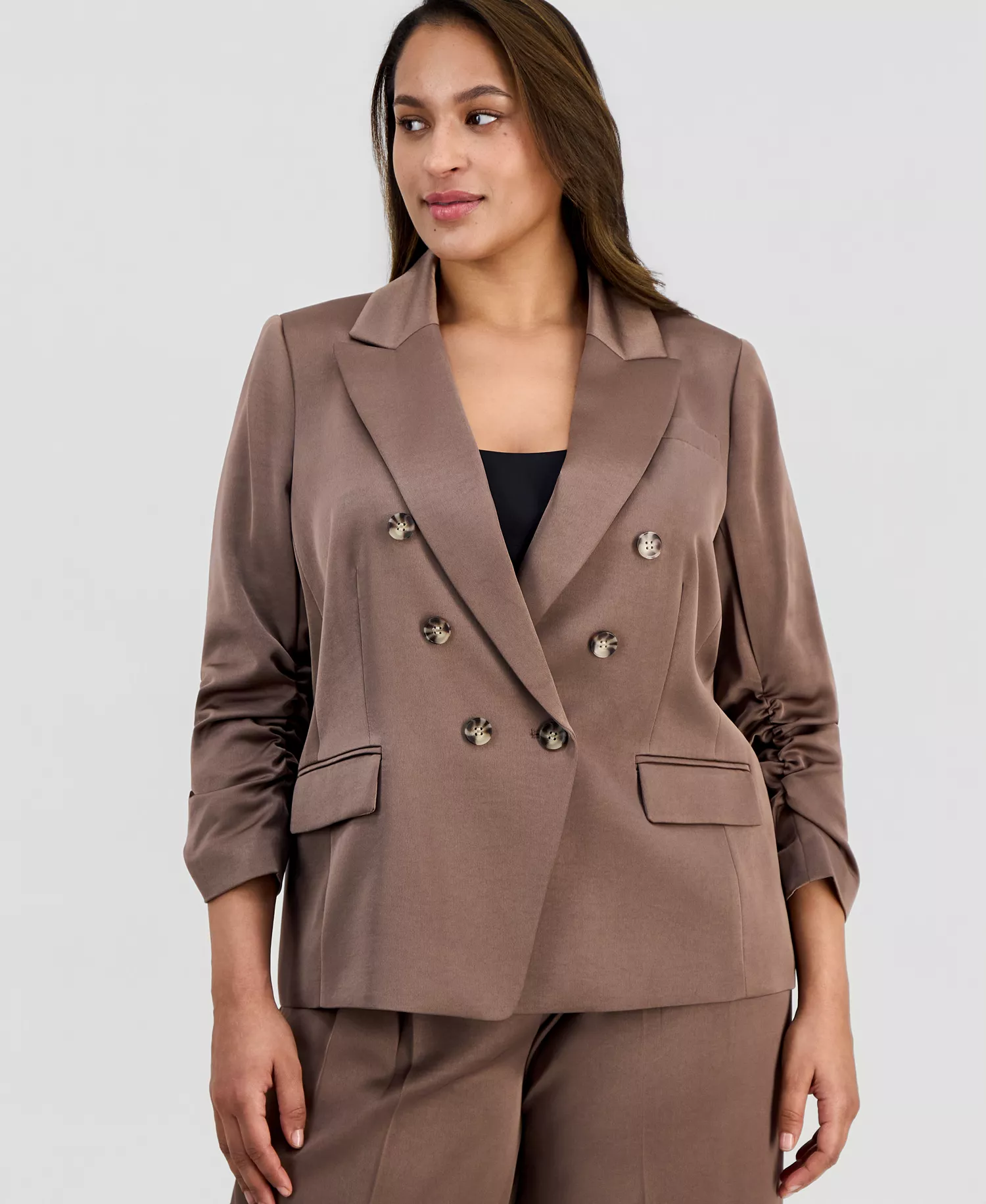 Plus Size Faux-Double-Breasted Satin Jacket  - Mocha - 14W