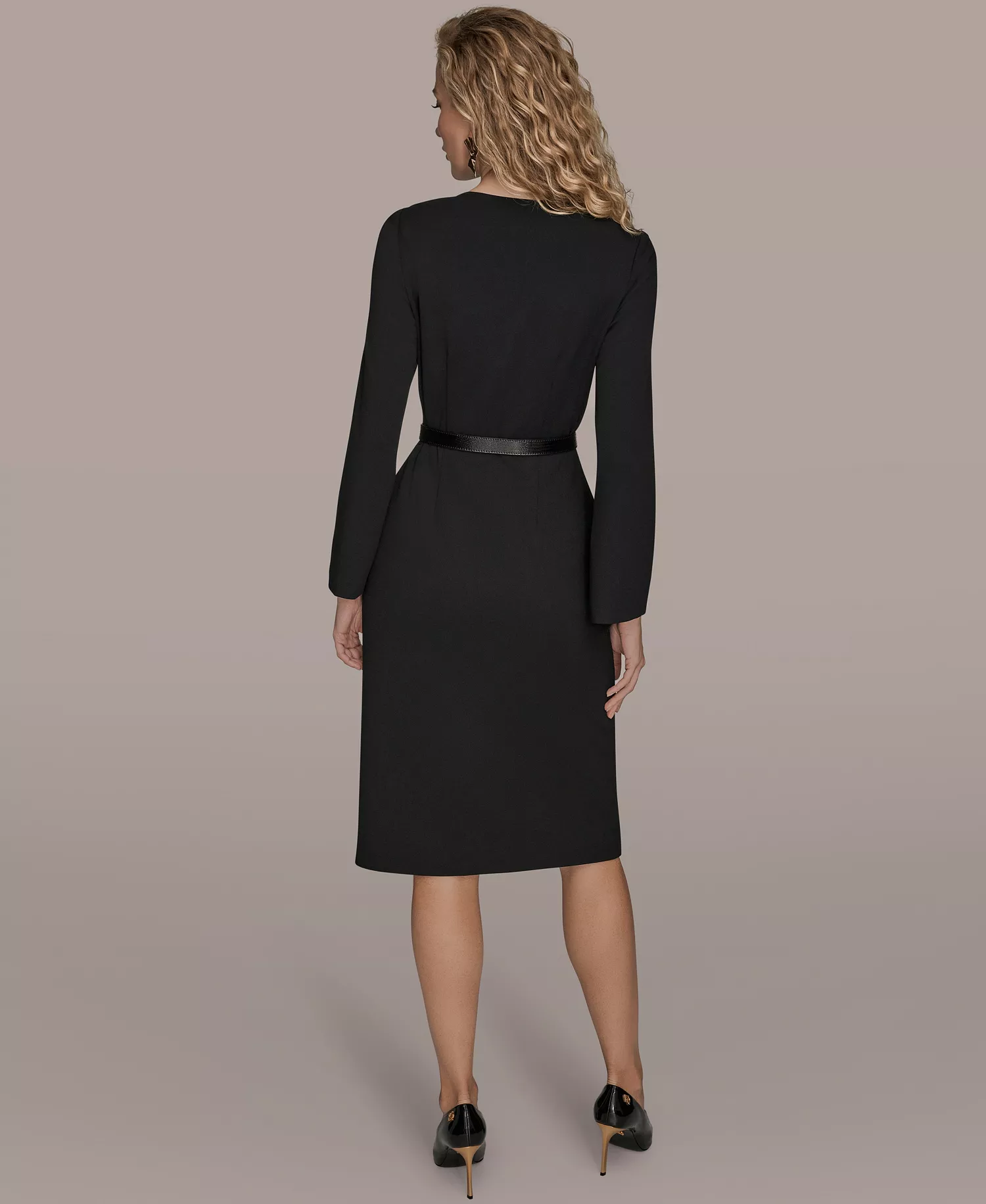 Women's Long-Sleeve Belted Midi Dress - Black - 10