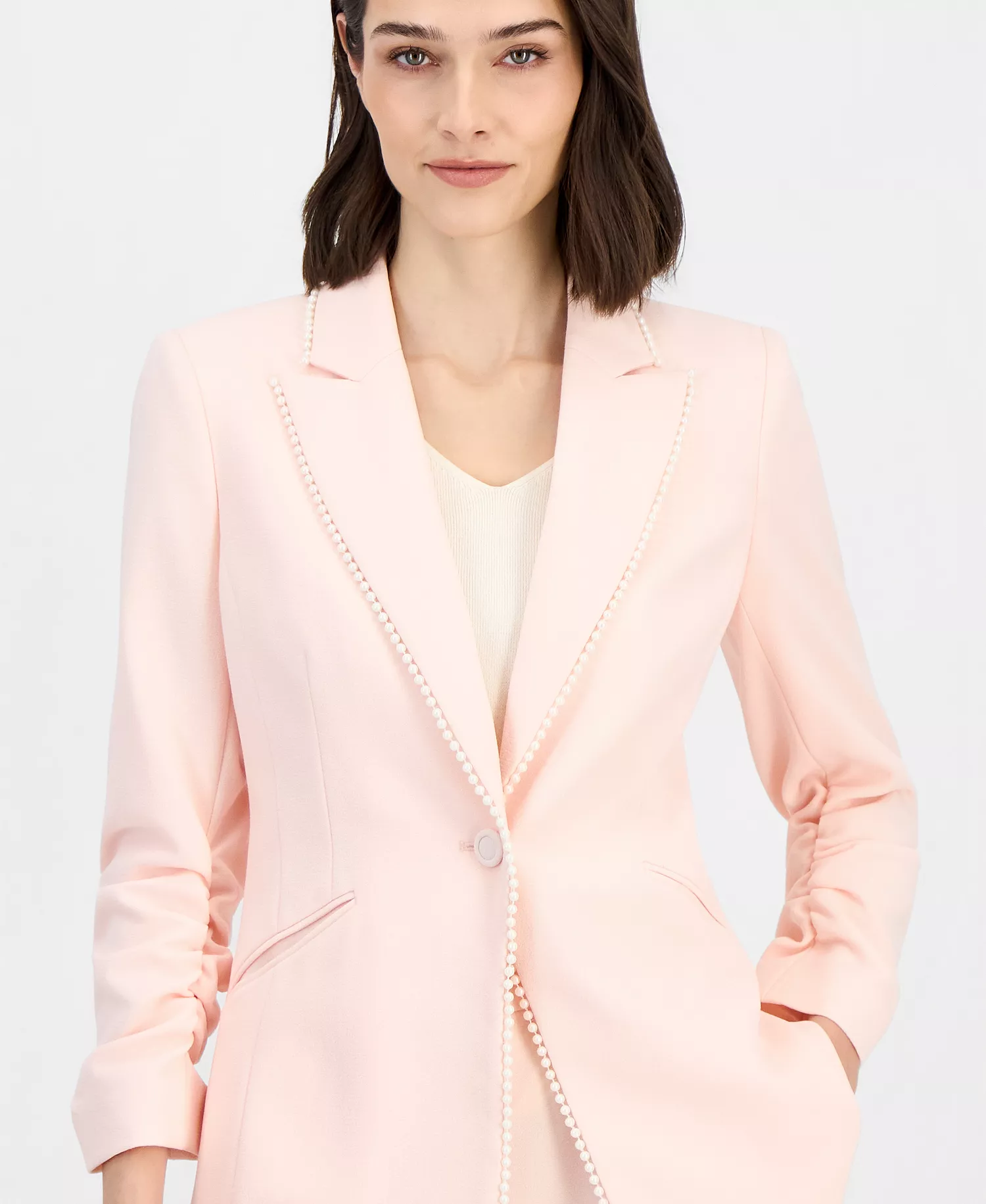 Women's Faux-Pearl-Trim Ruched-Sleeve Blazer & Straight-Leg Ankle Pants - Tea Rose - 10