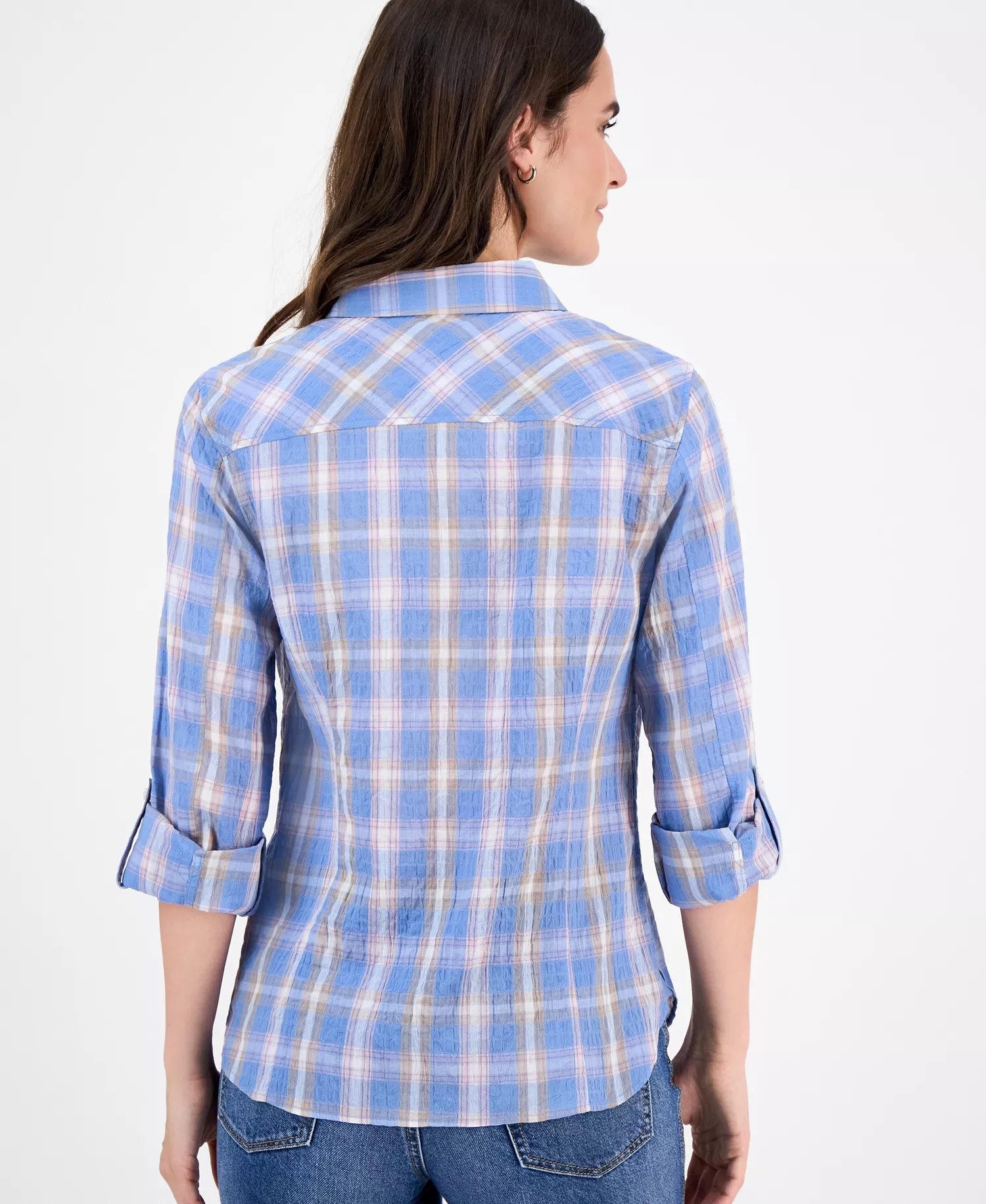 Nautica Women's Cotton Crinkle Plaid Roll-Tab Shirt - Blue Haze Multi - L