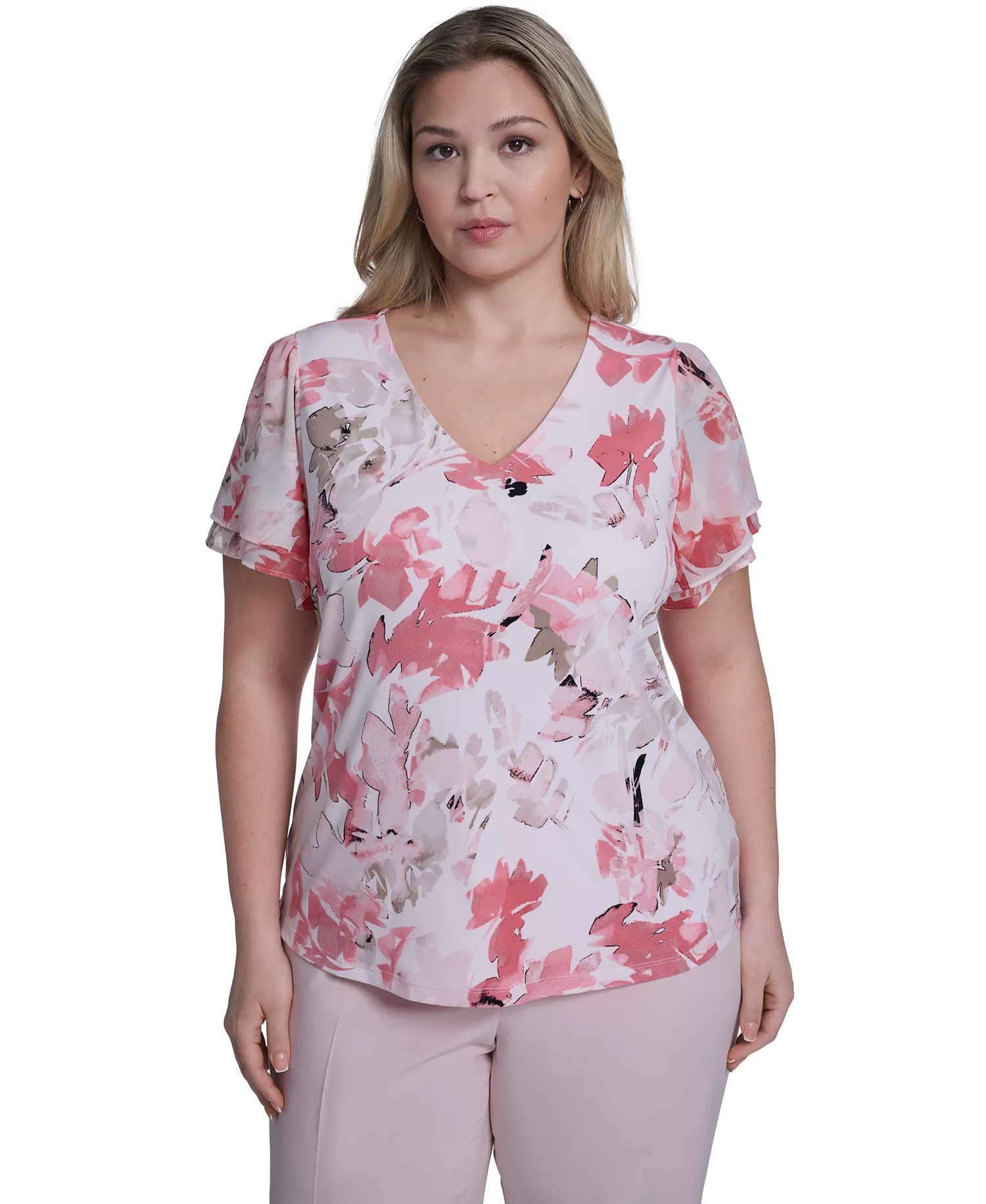 Plus Size Printed V-Neck Short-Sleeve Top - Petal/Latte Multi - 1X