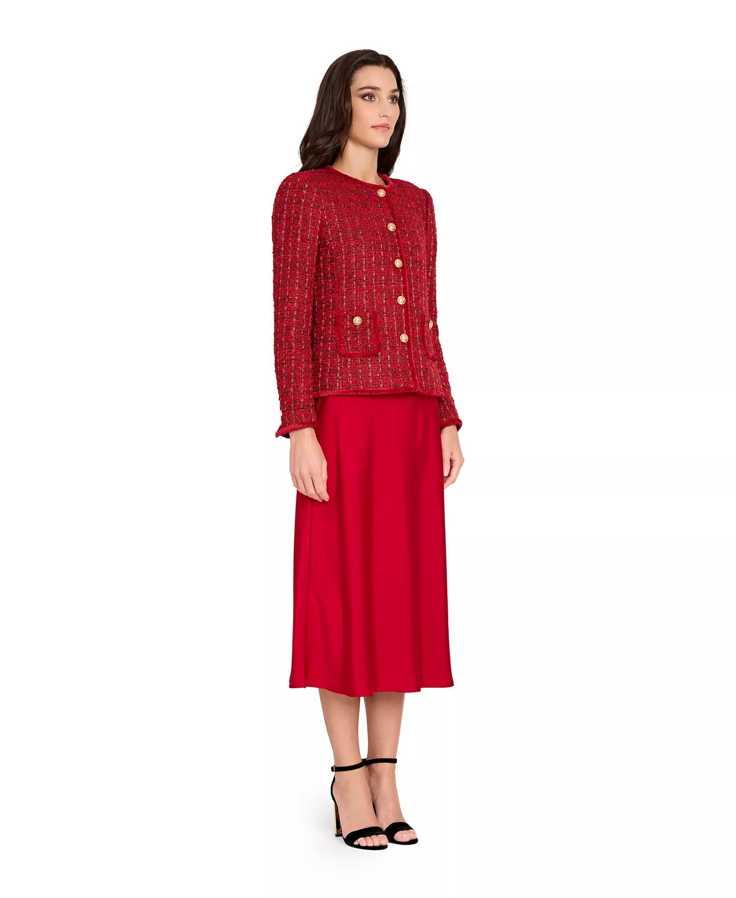 Petite Long-Sleeve Boucle Jacket - Red Multi - 10P
