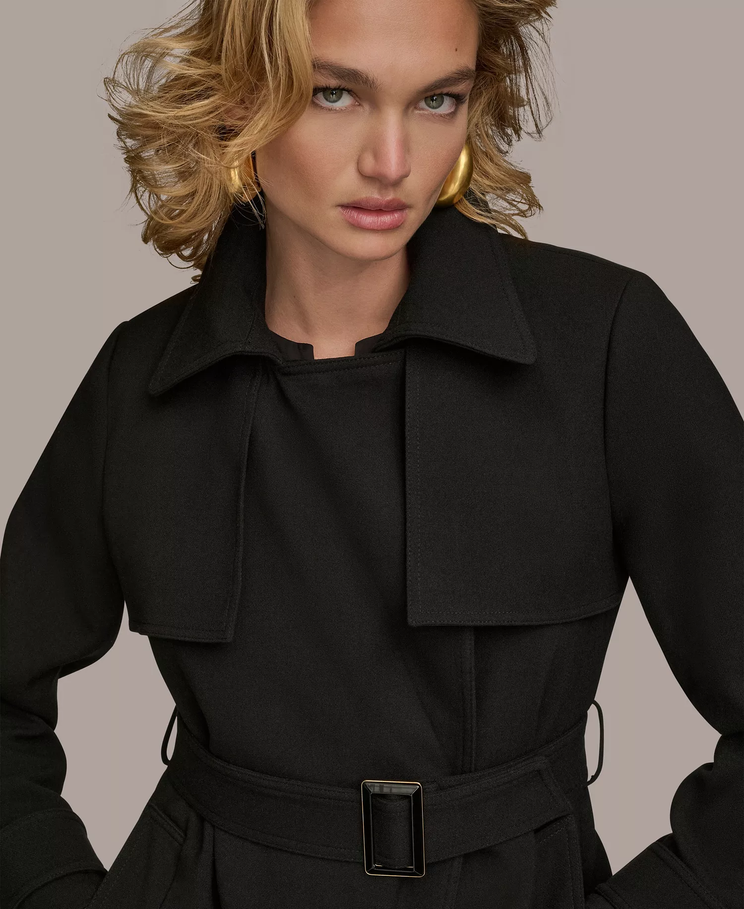 Women's Belted Notched-Collar Trench Coat - Black - L