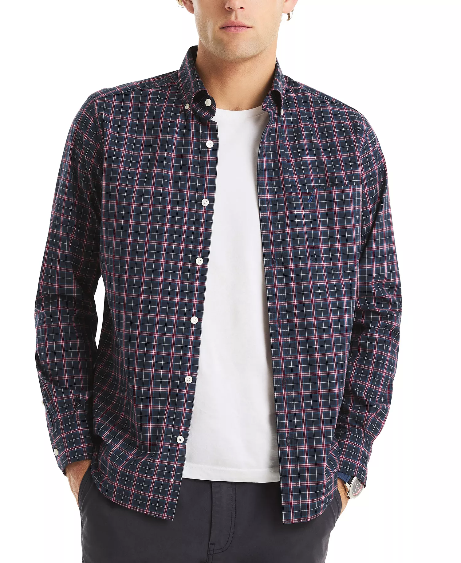 Men's Long Sleeve Plaid Shirt - Navy Seas - 2XL