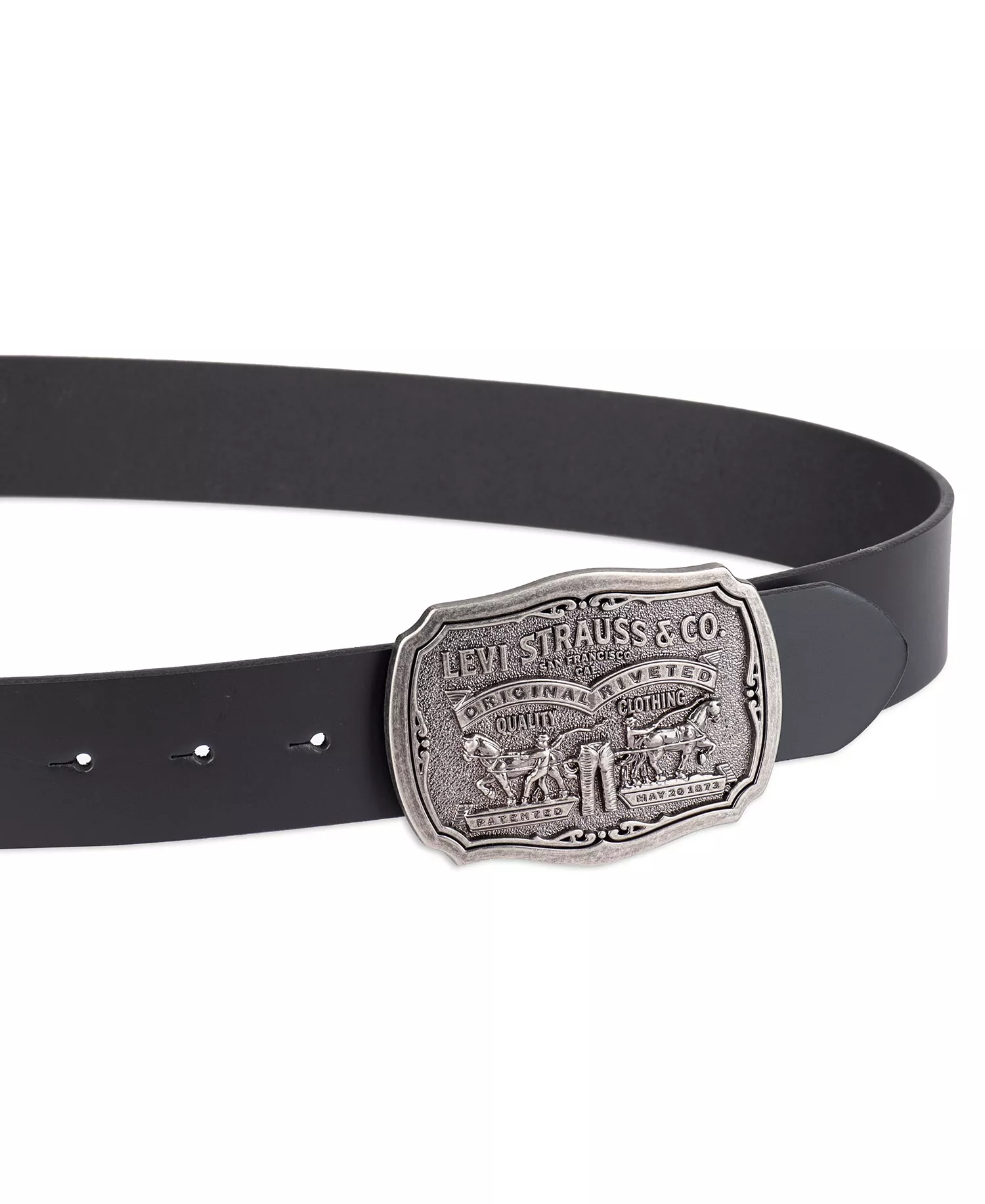 Men's Leather Belt with Plaque Buckle - Black - 30