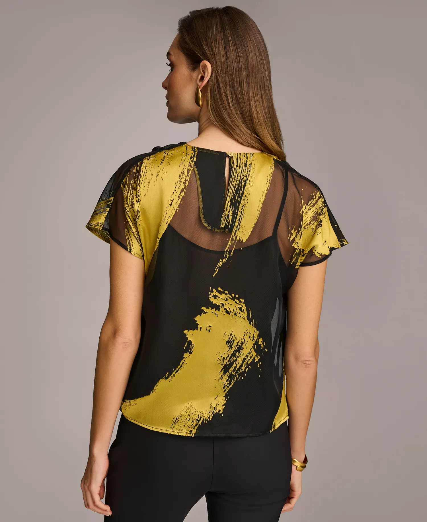 Donna Karan Women's Short Sleeve Metallic Print Blouse - Black/Gold - XS