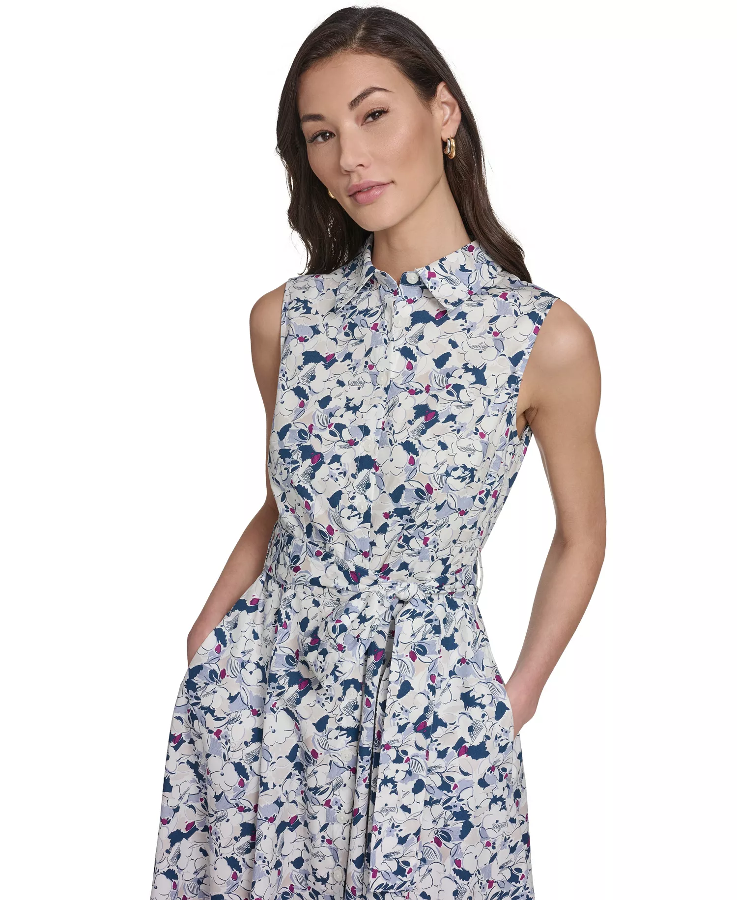 Women's Sleeveless Button Front Shirt Dress - Slate Multi - 10