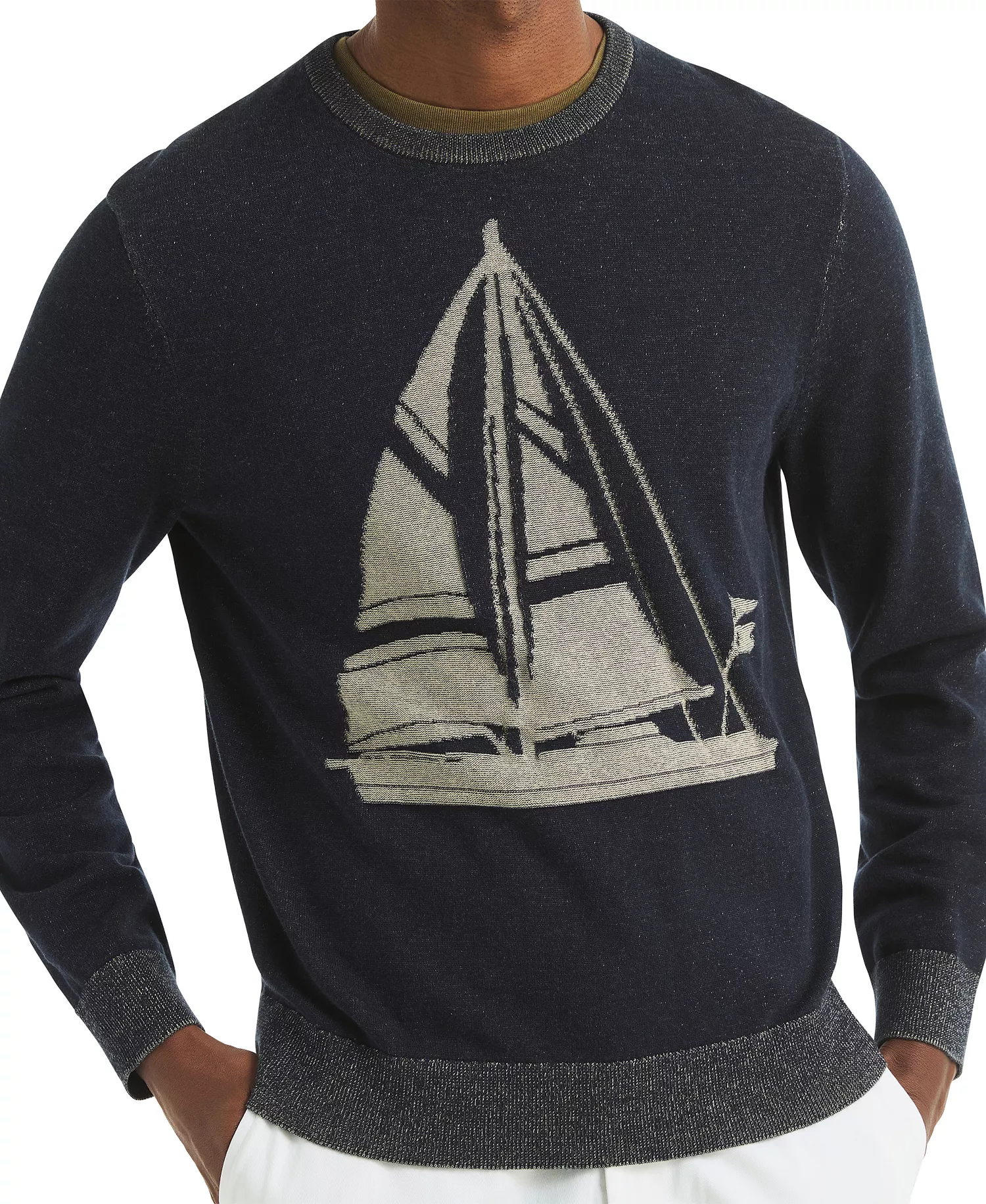 Men's Plaited Sailboat Graphic Crewneck Sweater - Navy Seas - 2XL