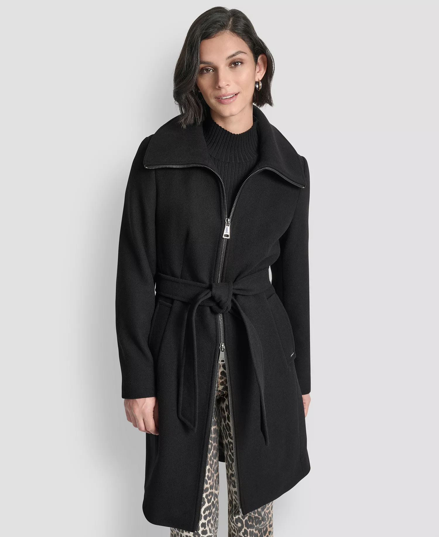 Women's Collared Neck Belted Coat - Black - L