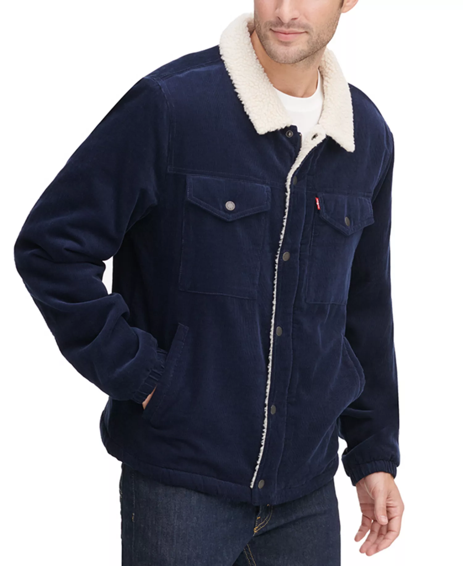 Men's Fleece-Lined Corduroy Trucker Jacket  - Navy - 2XL