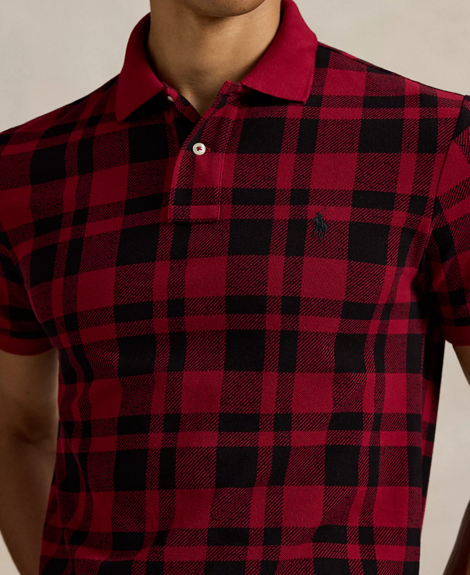 Men's Holiday Short Sleeve Polo Shirt - Edged Overcheck - Holiday Red - 2XL