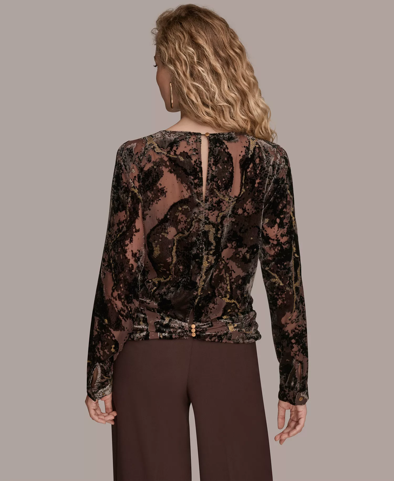 Women's Printed Long Sleeve Top - Chocolate Plum/black/gold - S