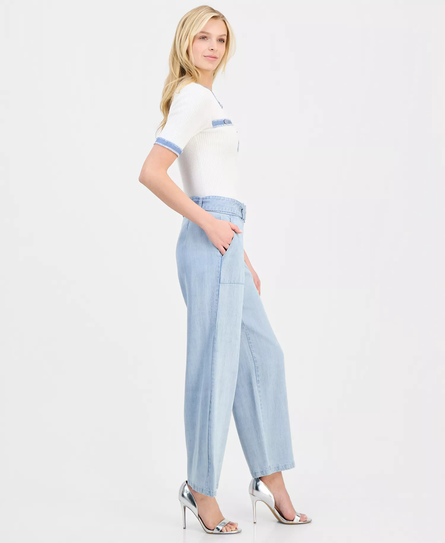 Women's Belted Wide-Leg Pants - Light Wash - 10