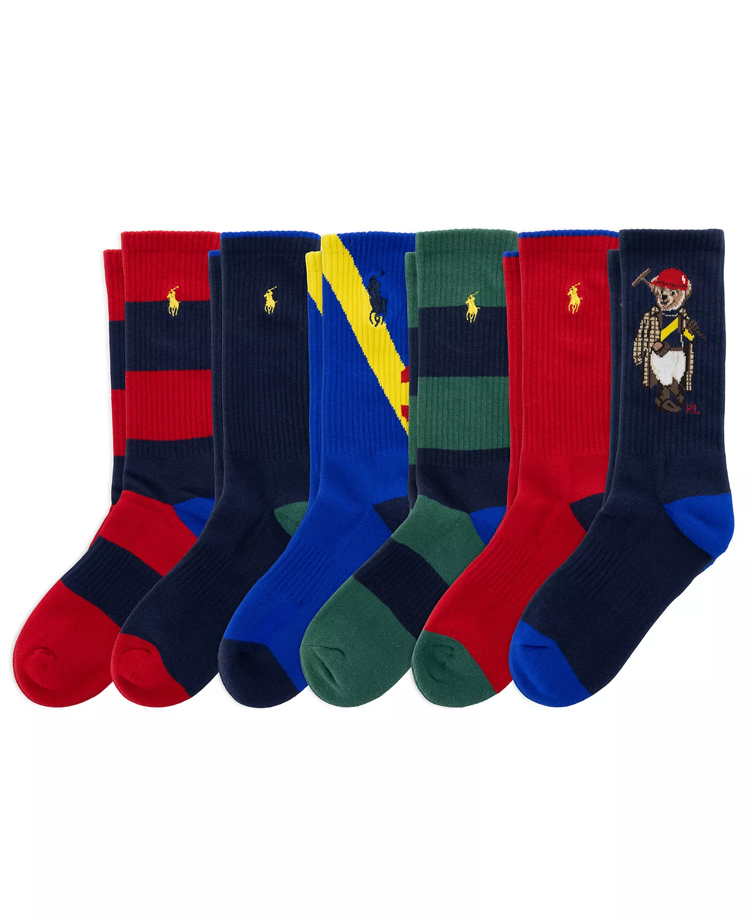 Men's Color-Blocked Crew Socks, 6-Pack - Red Rugby/Navy/Royal/Navy/Red/Green Rugby - 10-13