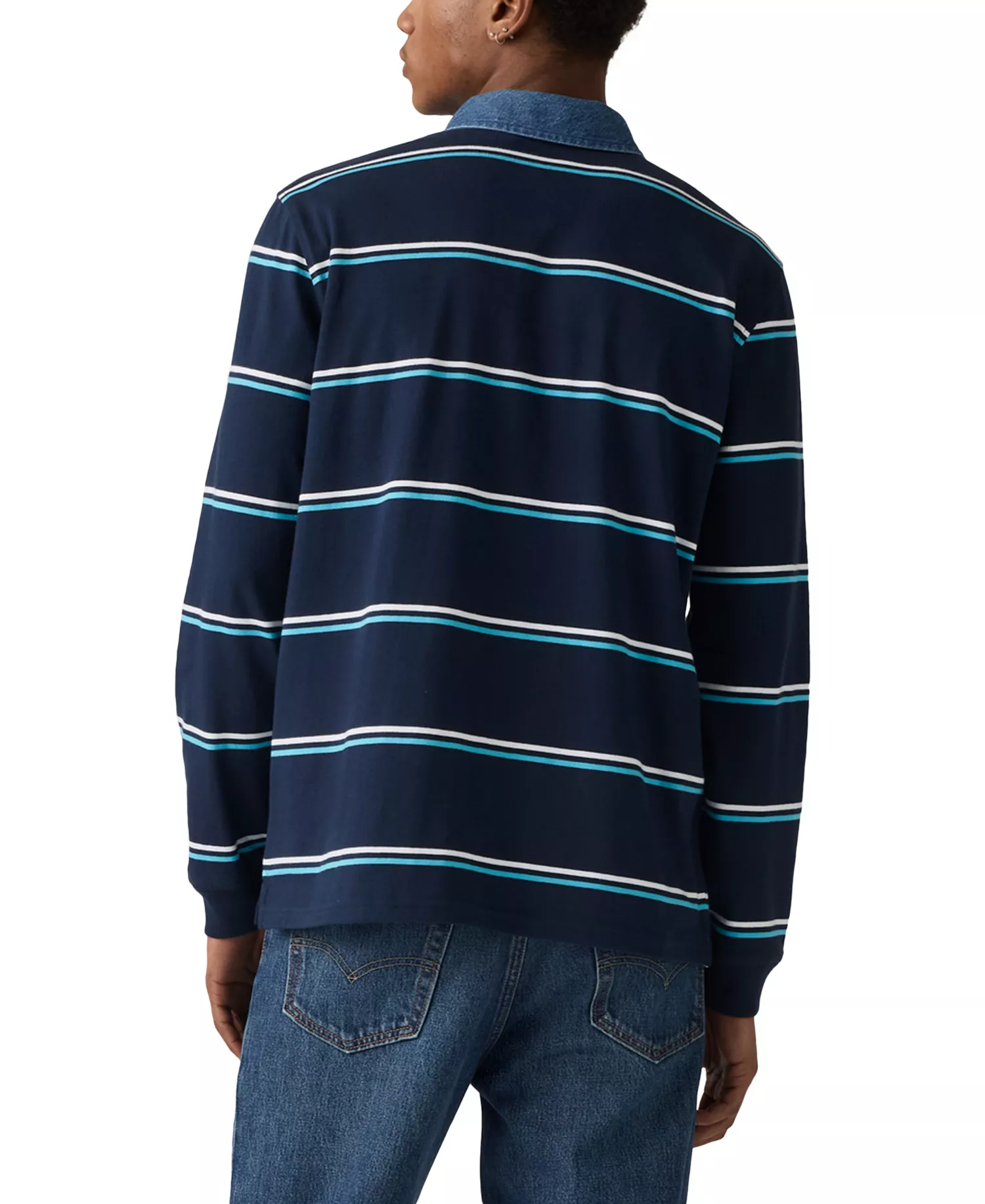 Men's Relaxed-Fit Long Sleeve Striped Rugby Shirt - Stripe Navy - 2XL