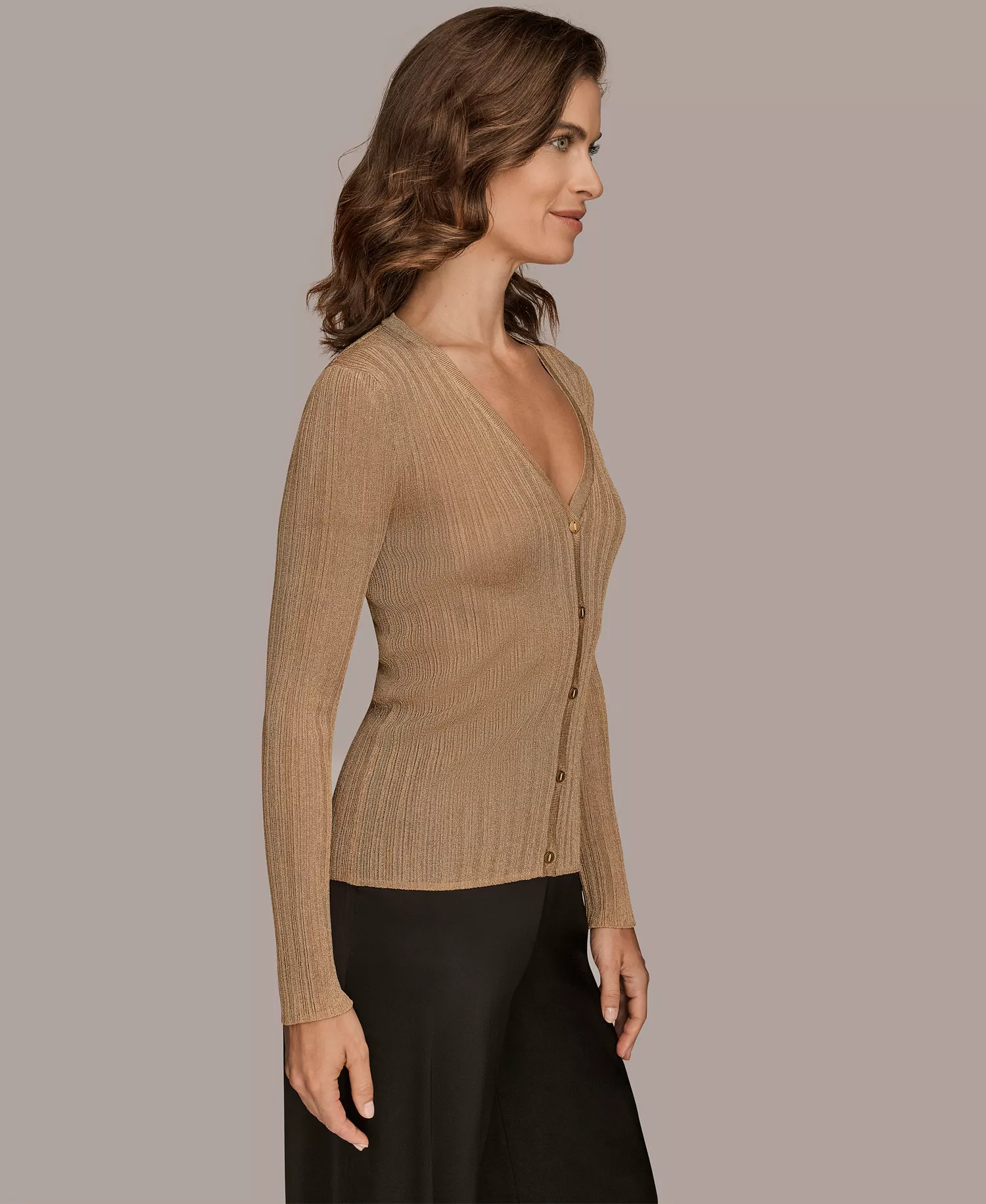 Women's Novelty Long Sleeve V-Neck Cardigan - Gold - L