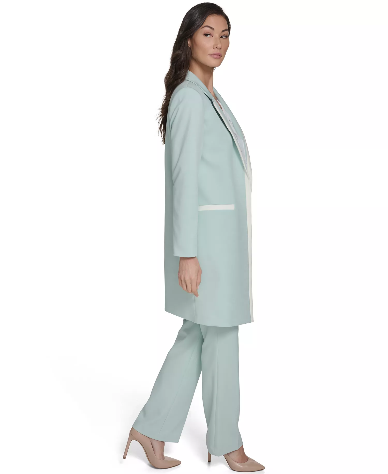 Women's Notch Collar Framed Topper Jacket and Solid Belted Bootcut Trousers - Harbor Gray/Ivory - 0
