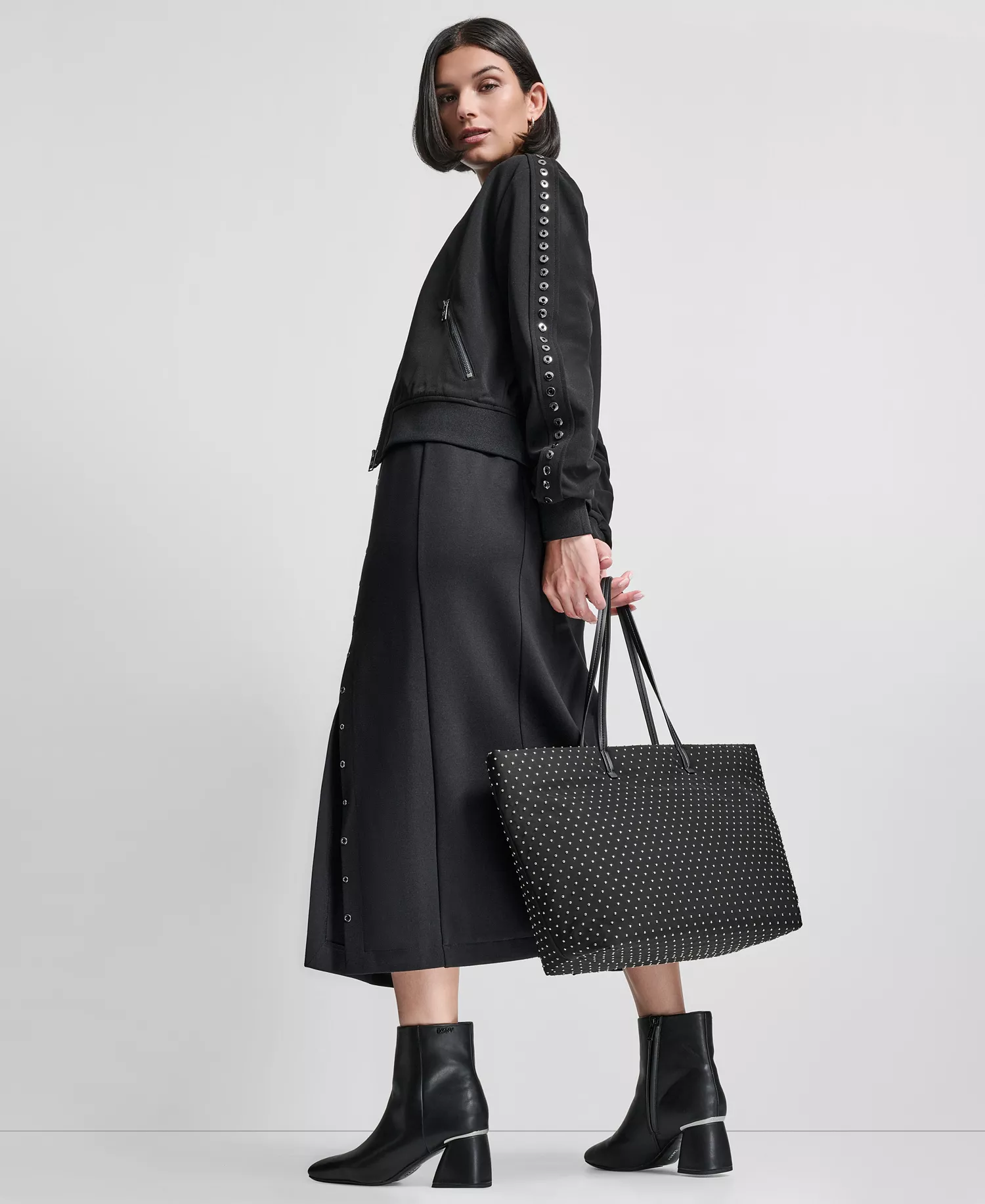 Women's Round Neck Double Weave Grommet Bomber Jacket - Black - M