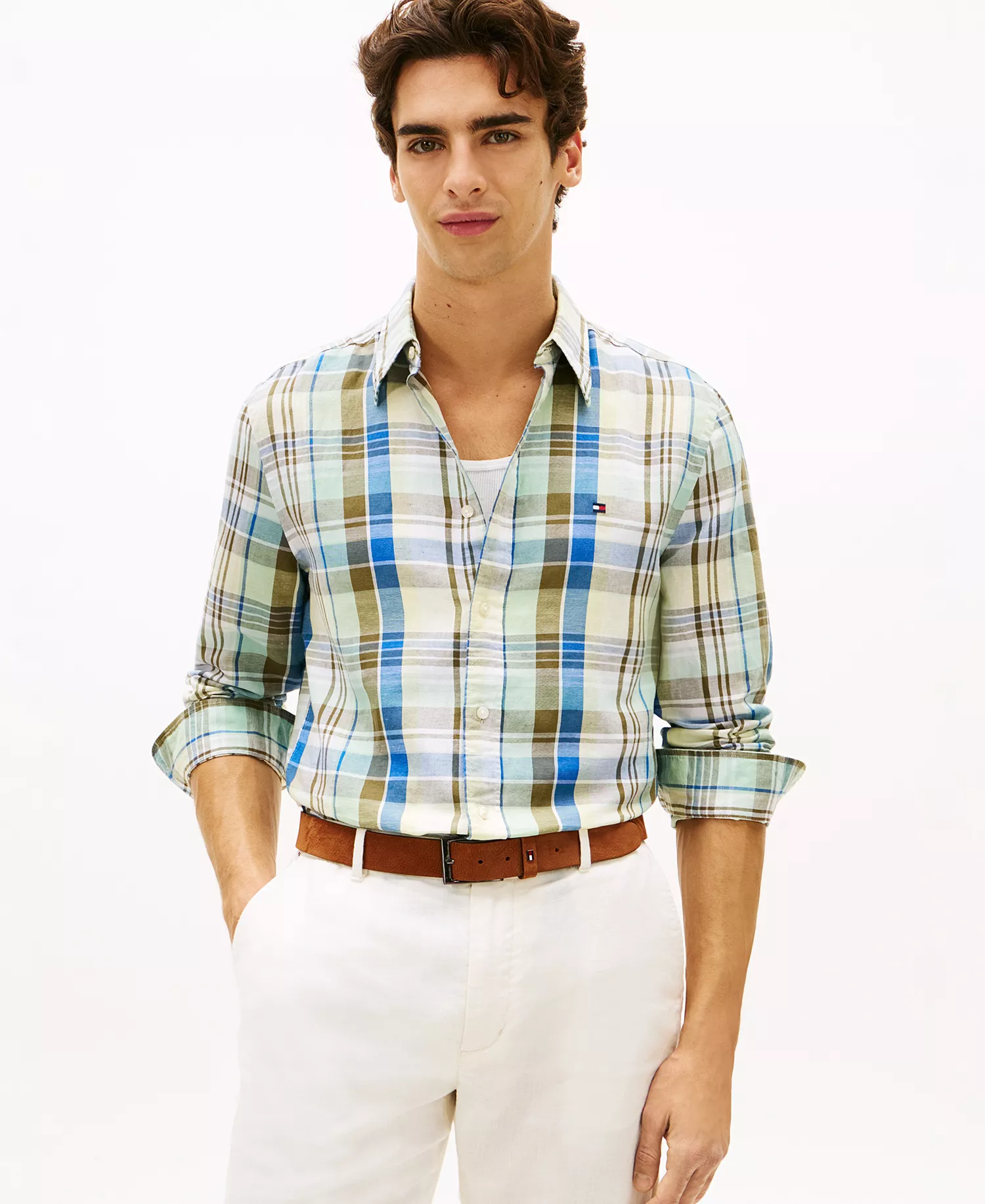 Men's Linen-Blend Madras Check Regular-Fit Shirt - Citronella / Check - L