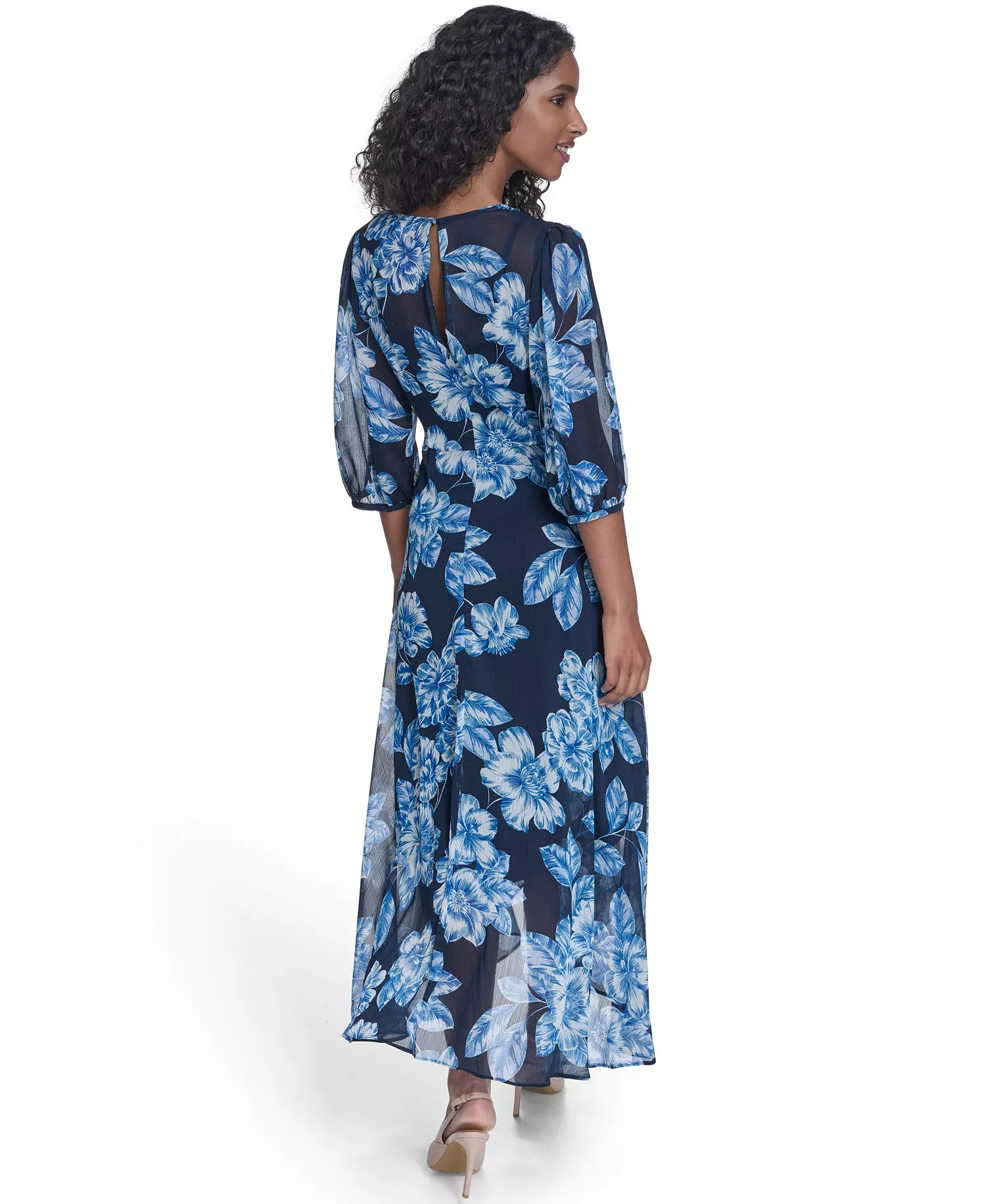 Women's Balloon-Sleeve Faux Wrap Dress - Indigo Multi - 10