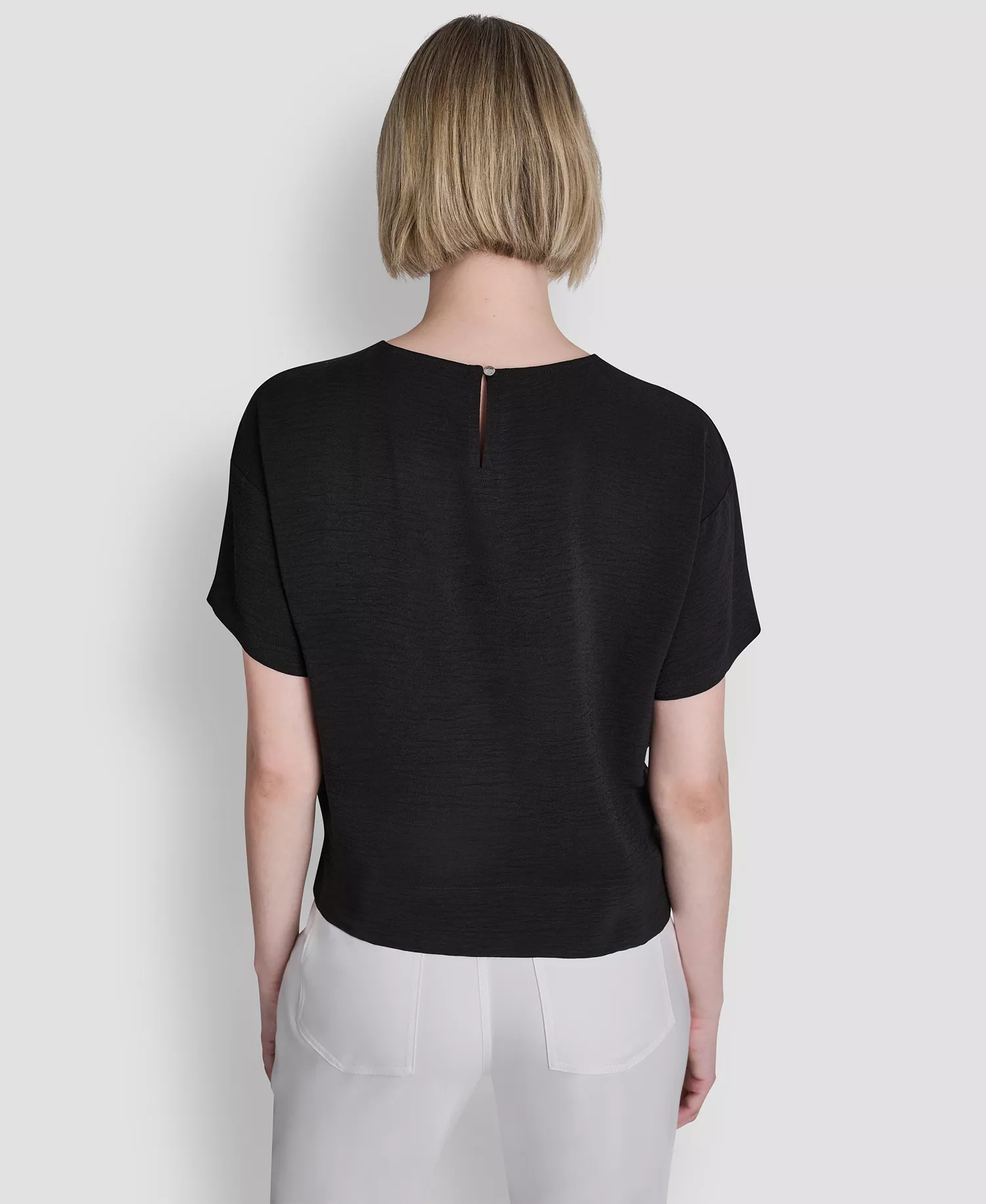 Women's Textured Woven Short-Sleeve Crew Neck Top - Black - L