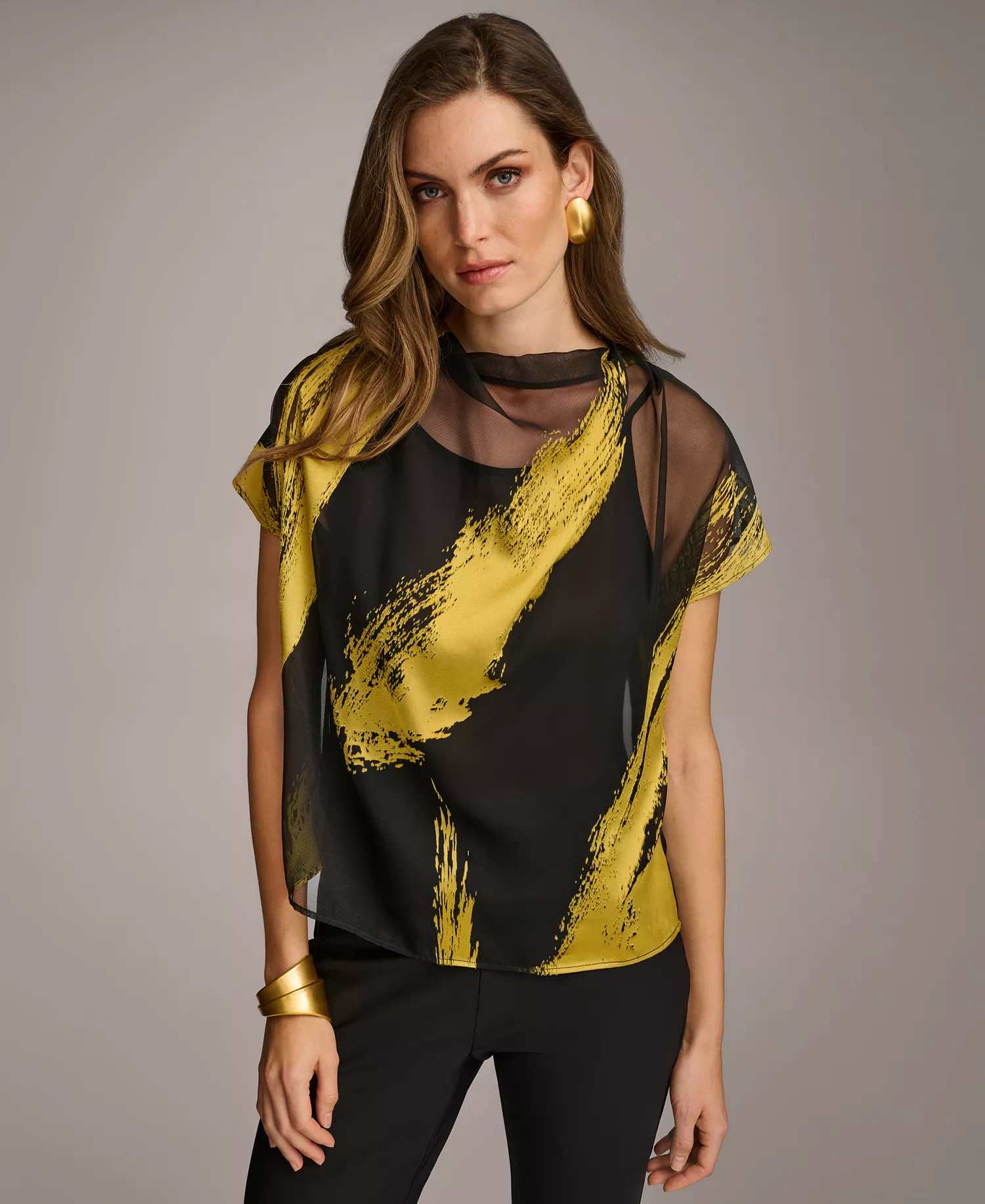Donna Karan Women's Short Sleeve Metallic Print Blouse - Black/Gold - XS