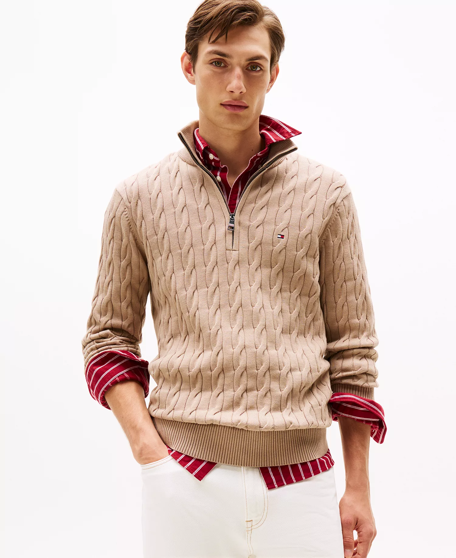 Men's Long-Sleeve Cable Knit Quarter-Zip Sweater - Coastal Taupe - L